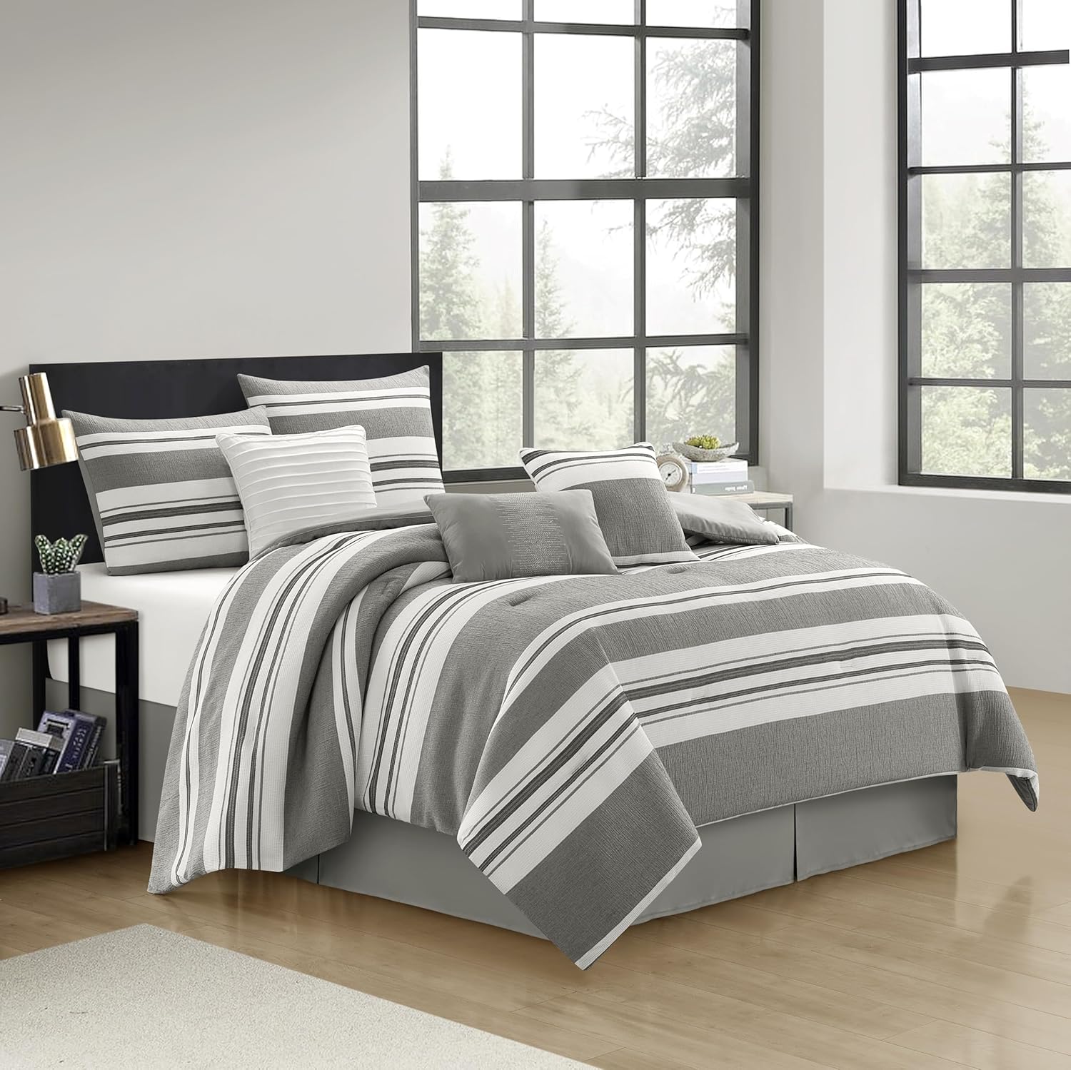 Stratford Park White Grey Comforter Set Queen Size, 7 Piece Geometric Jacquard Bedding Set, Matching Bedskirt, Pillows & Shams, Curtains