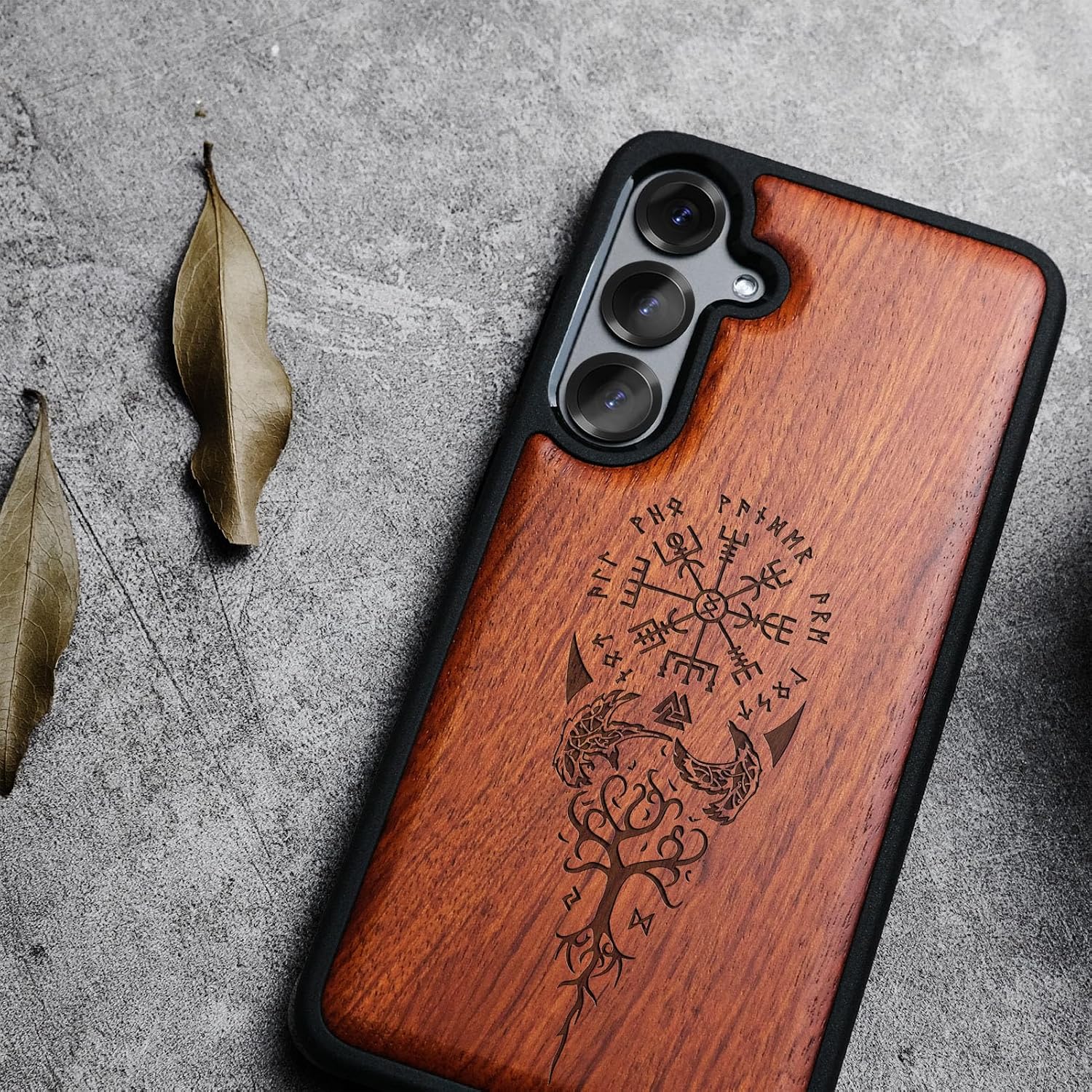 Carveit Magnetic Wooden Case for Samsung Galaxy S25 Case 2025, TPU Shockproof Cover & Wood Artisan Engraved, Compatible with MagSafe Wireless Chargers (The Guiding Vegvisir) Rosy