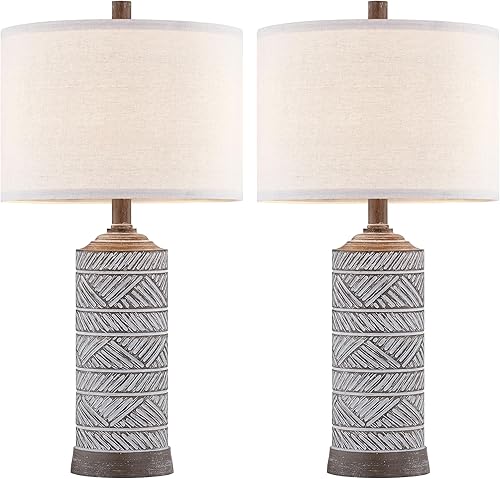 Miniatura 6 de Juego de 2 lámparas de mesa de resina de 23.5 pulgadas pintadas de madera de nogal profundo con acabado de patrones blancos (bombillas incluidas)