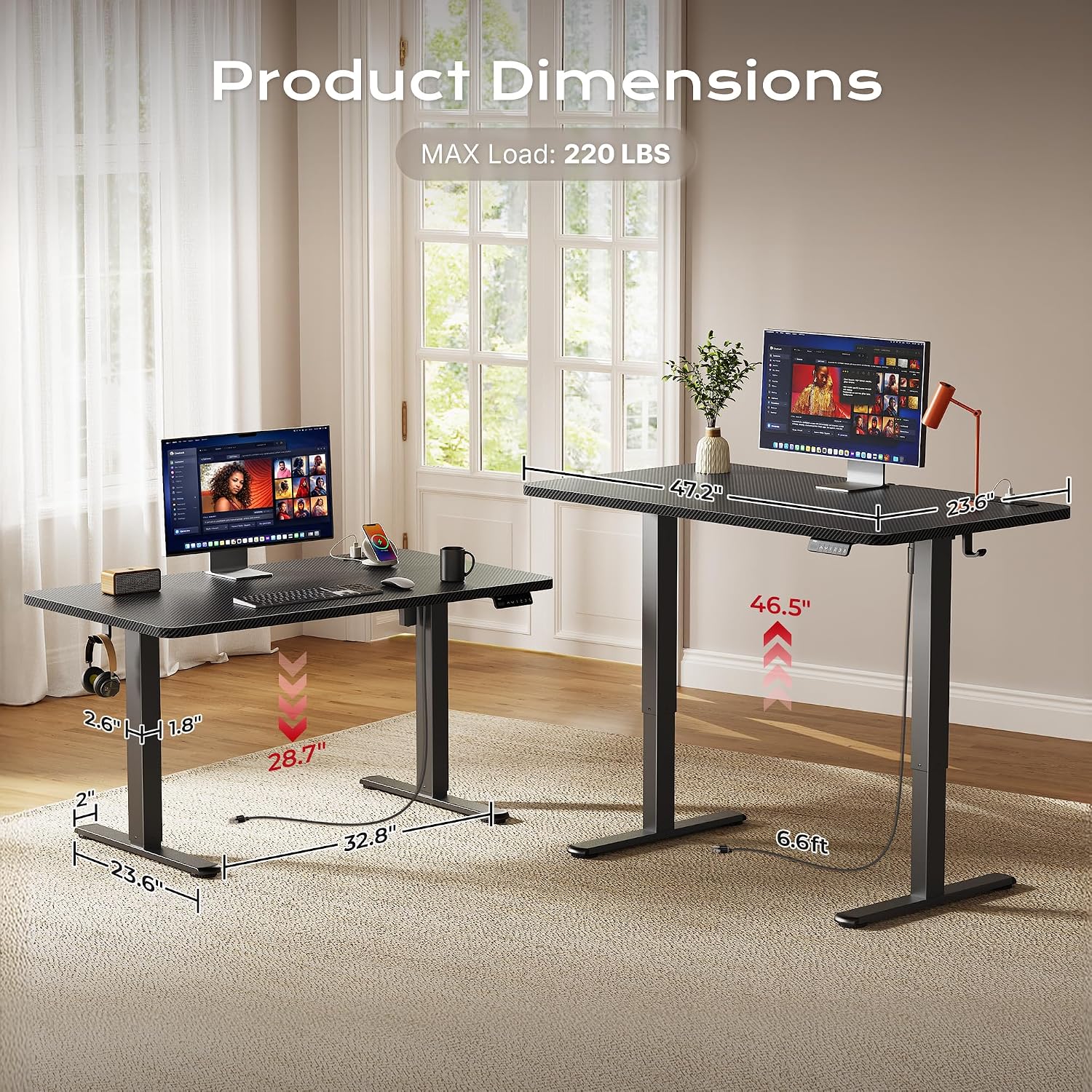 Huuger Electric Standing Desk with Power Outlets and USB-C Port, 47 X 24 Inch Height Adjustable Desk, Sit Stand Desk for Home Office, Computer & Gaming Desk with 4 Presets, Carbon Black thumbnail