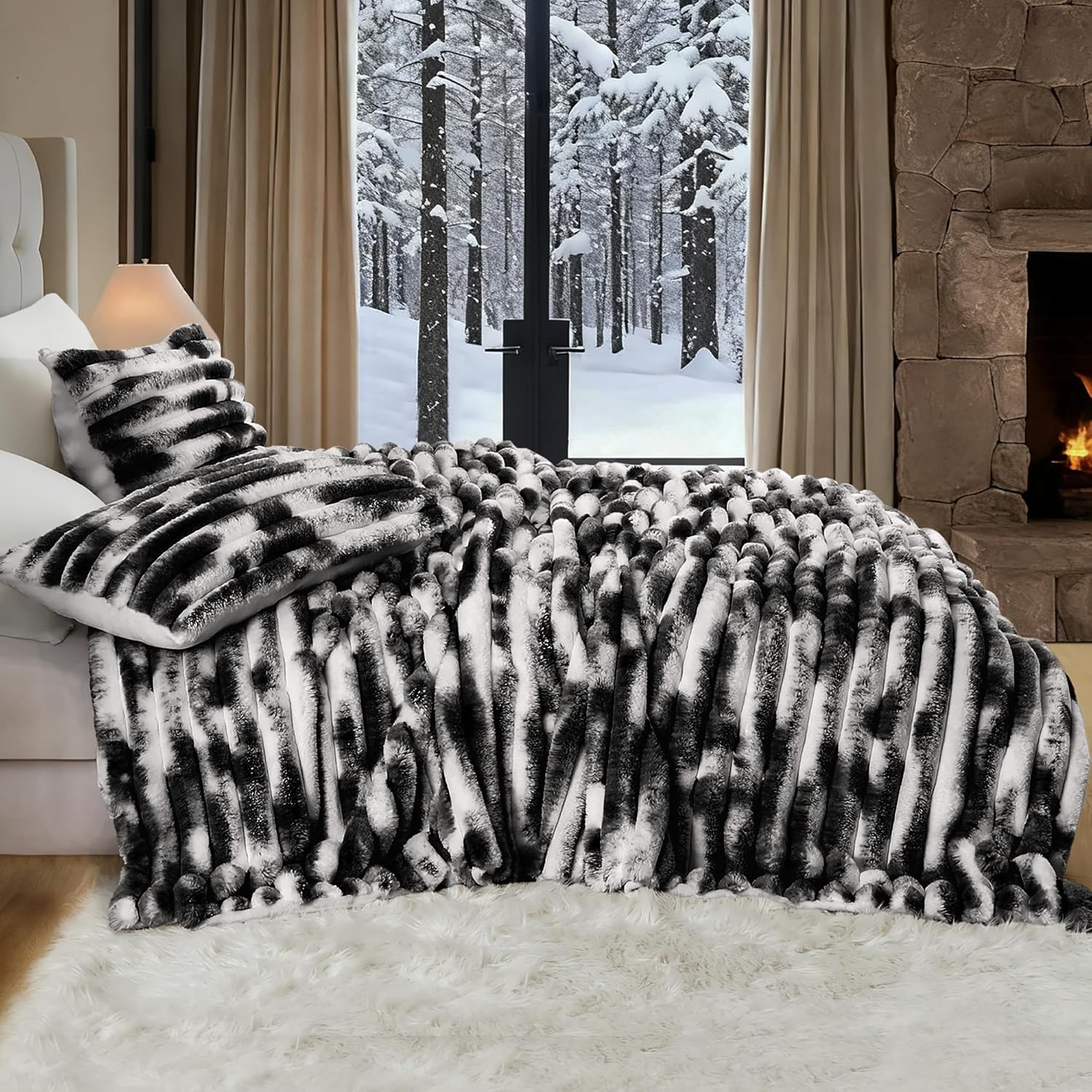 Wonderful Fluffy Faux Rabbit Fur Comforter Set King Size, Striped Stitching Tie-Dye Black Plush Fuzzy Bedding Set 3 Pieces, Warm Soft Comforter Bedding Set for Winter, 104"x90" - Image 2