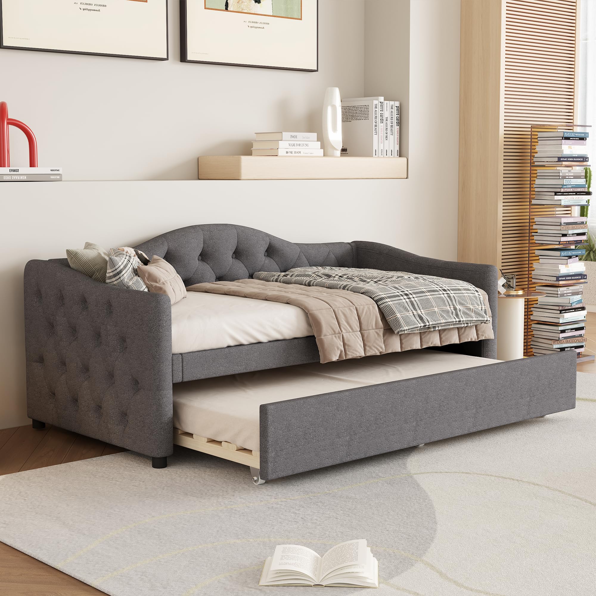 Kebnor 90 x 200 cm, letto con letto estraibile, divano letto, letto singolo (senza materasso), lino, stile minimalista (grigio)
