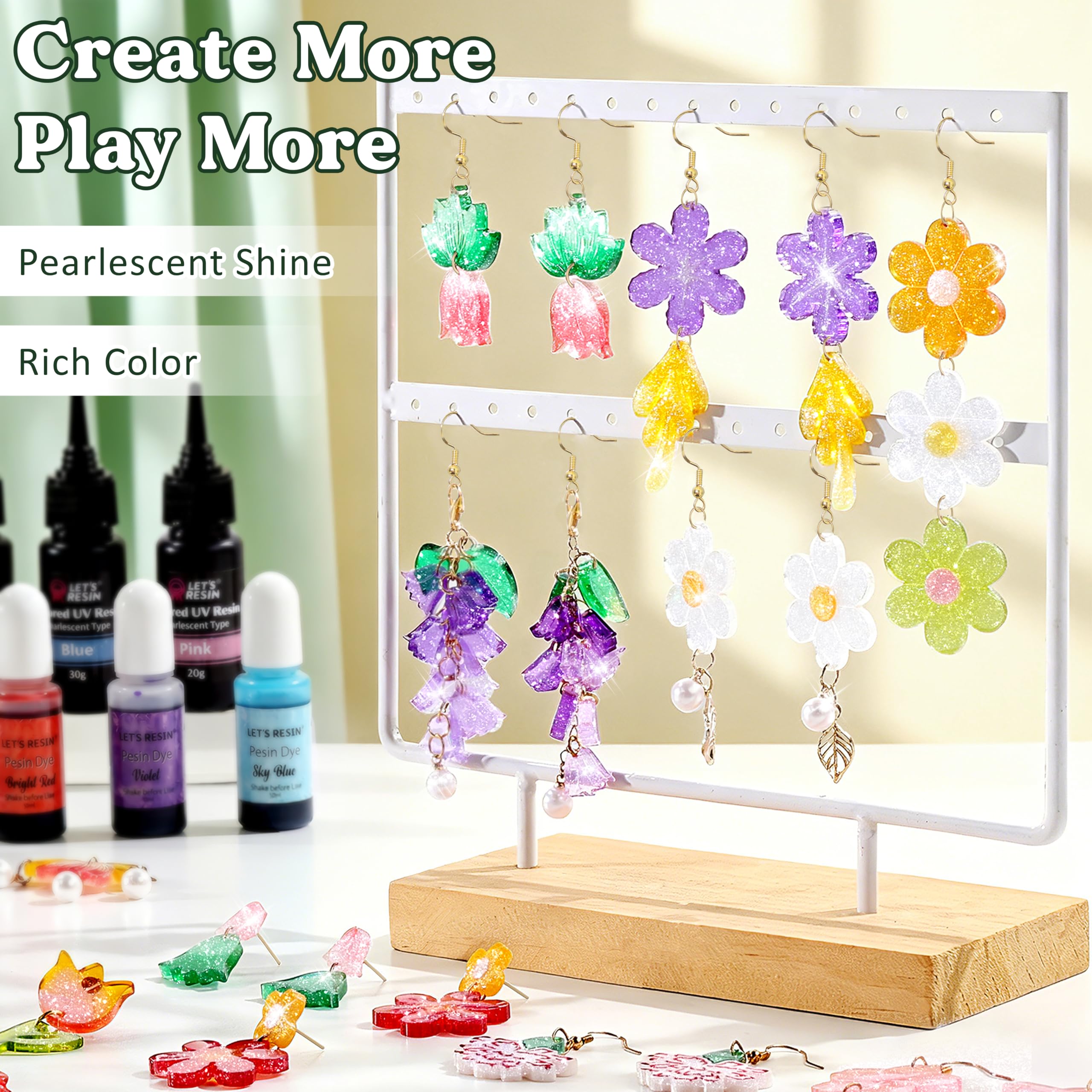 LET'S RESIN Kit in resina UV con luce, kit per la creazione di gioielli floreali con stampi in resina, coloranti in resina, ciondoli e gioielli per portachiavi, orecchini, collane, ciondoli