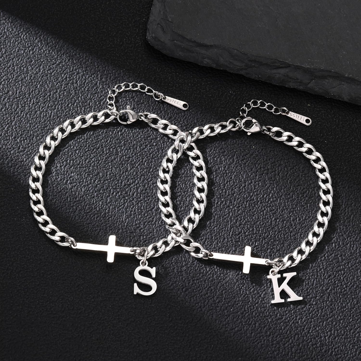 Cross Cuban Link Bracelets for Men Initial A - Z Faith Cross Bracelets, Stainless Steel Fashion Initial Charm Chain Bracelet Religious Jewelry Gift for Men