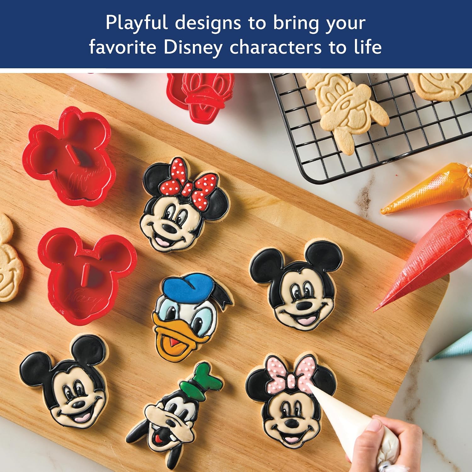 Disney Home Bake with Mickey Mouse Cookie Cutter and Stamp Set, 8 Piece Decorating Tools, Red
