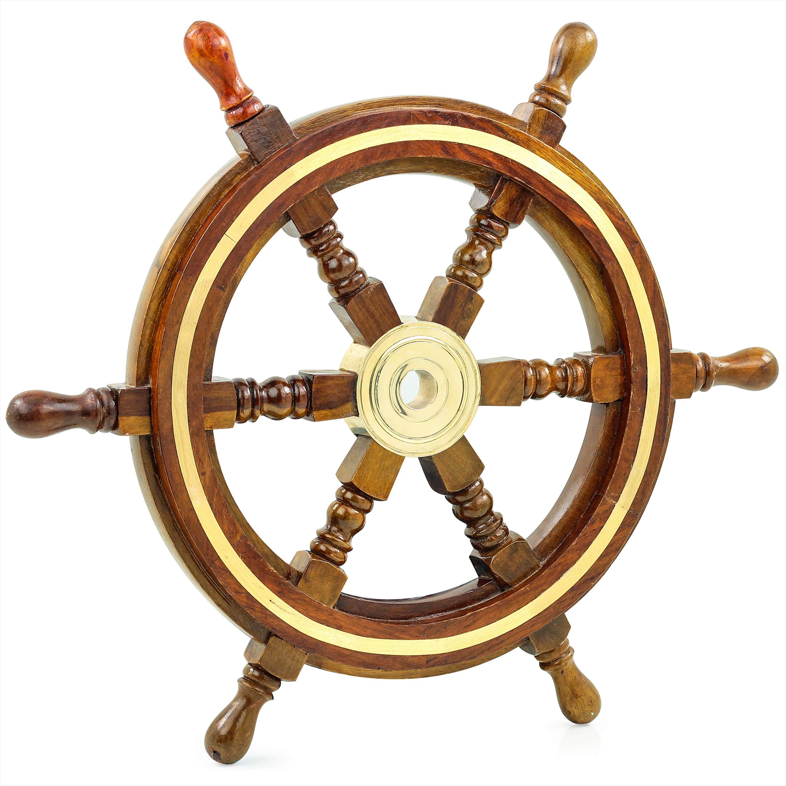 Nagina InternationalNautical Premium Sailor'S Hand Crafted Brass & Wooden Ship Wheel | Luxury Gift Decor | Boat Collectibles (20 Inches, Brass Ring)