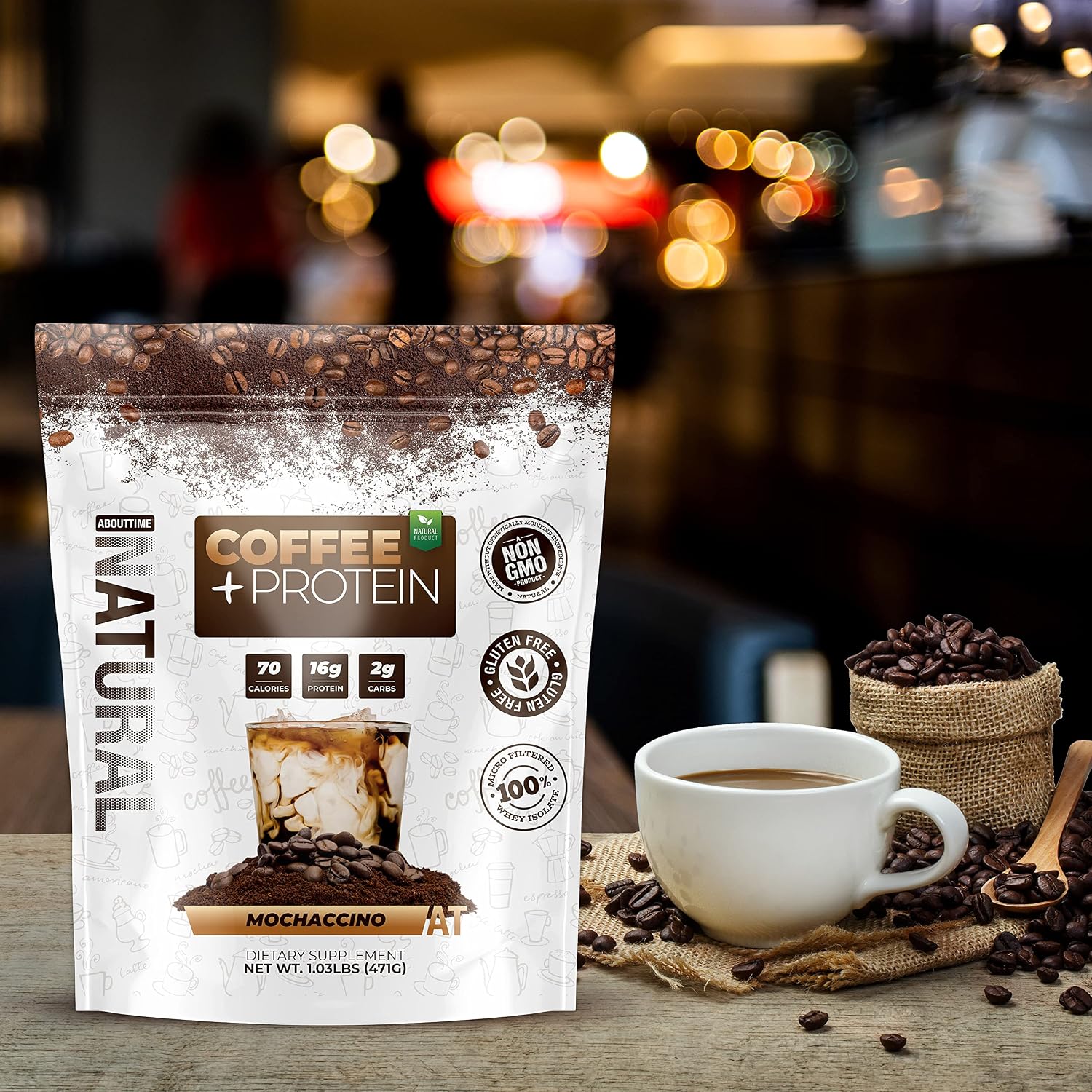 About Time Coffee + Whey Protein (Non-GMO, All Natural, Lactose/Gluten Free, 16g of Protein Per Serving) - 1.03lb Jar, Coffee Mochaccino