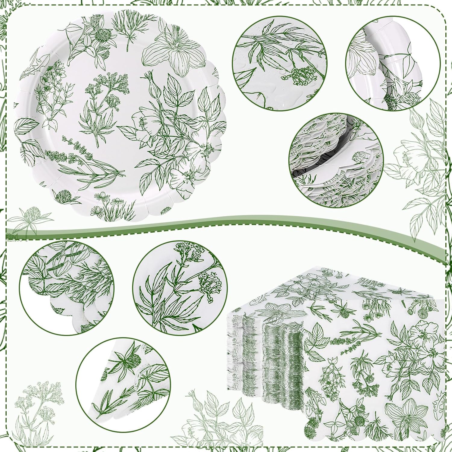 Havawish 400 Pcs Sage Green Disposable Tableware Set Greenery Floral Paper Plates Napkins Sage Serve Scalloped Plates Paper Napkins Cups Plastic Spoons Forks Knives for Wedding Tea Party Baby Shower
