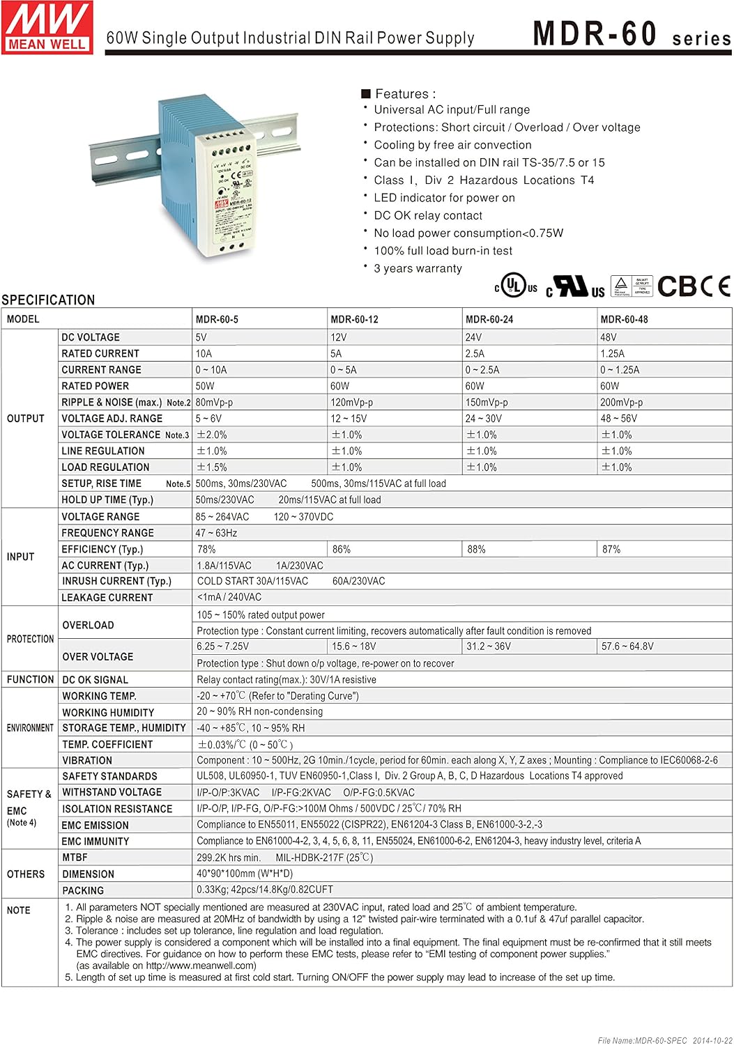 Mean Well Original MDR-60-5 Single Output Industrial DIN Rail Power Supply 5V 10A 50W