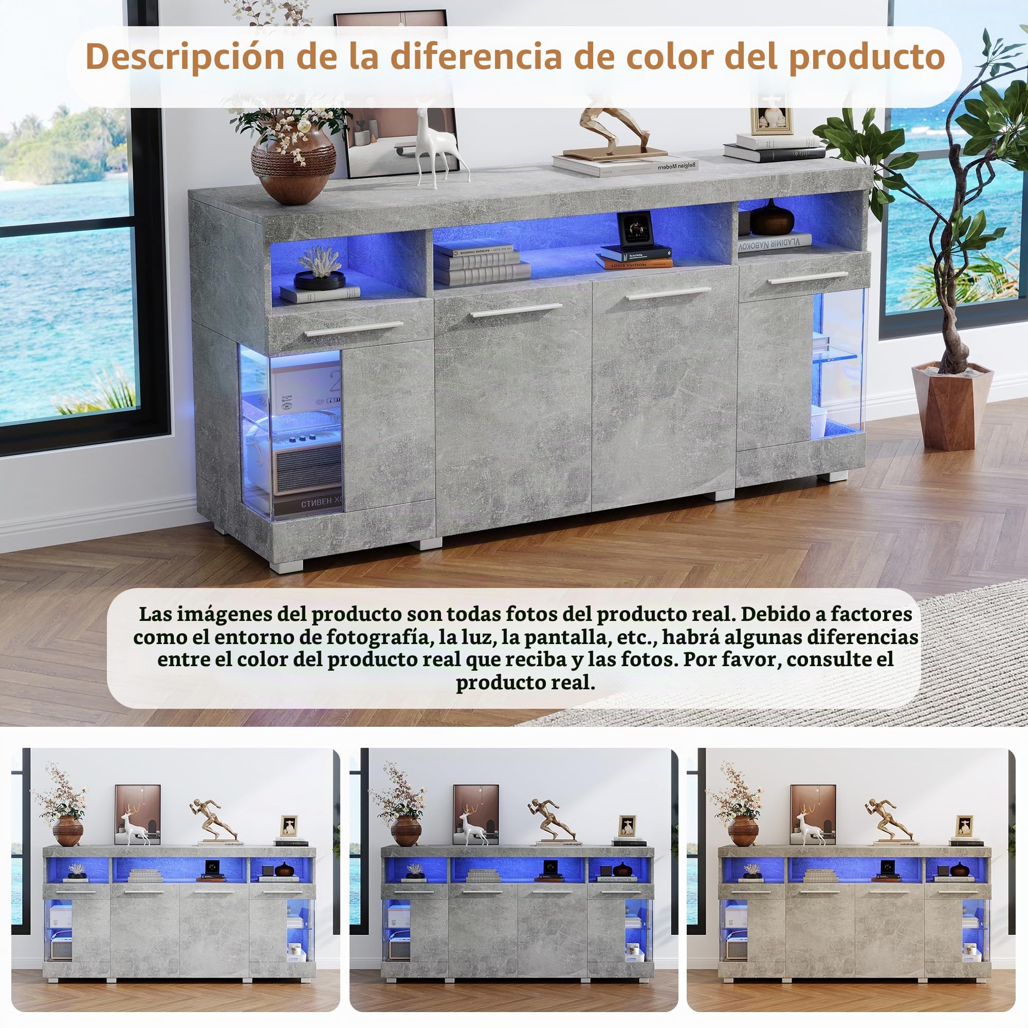 Aparador Cocina con luz LED, Aparadores para Salon con 4 Puertas Aparador Entrada 140x40x70cm, Armario Cocina Comoda Vitrina Mueble Auxiliar, Muebles de Salon (Gris Cemento)