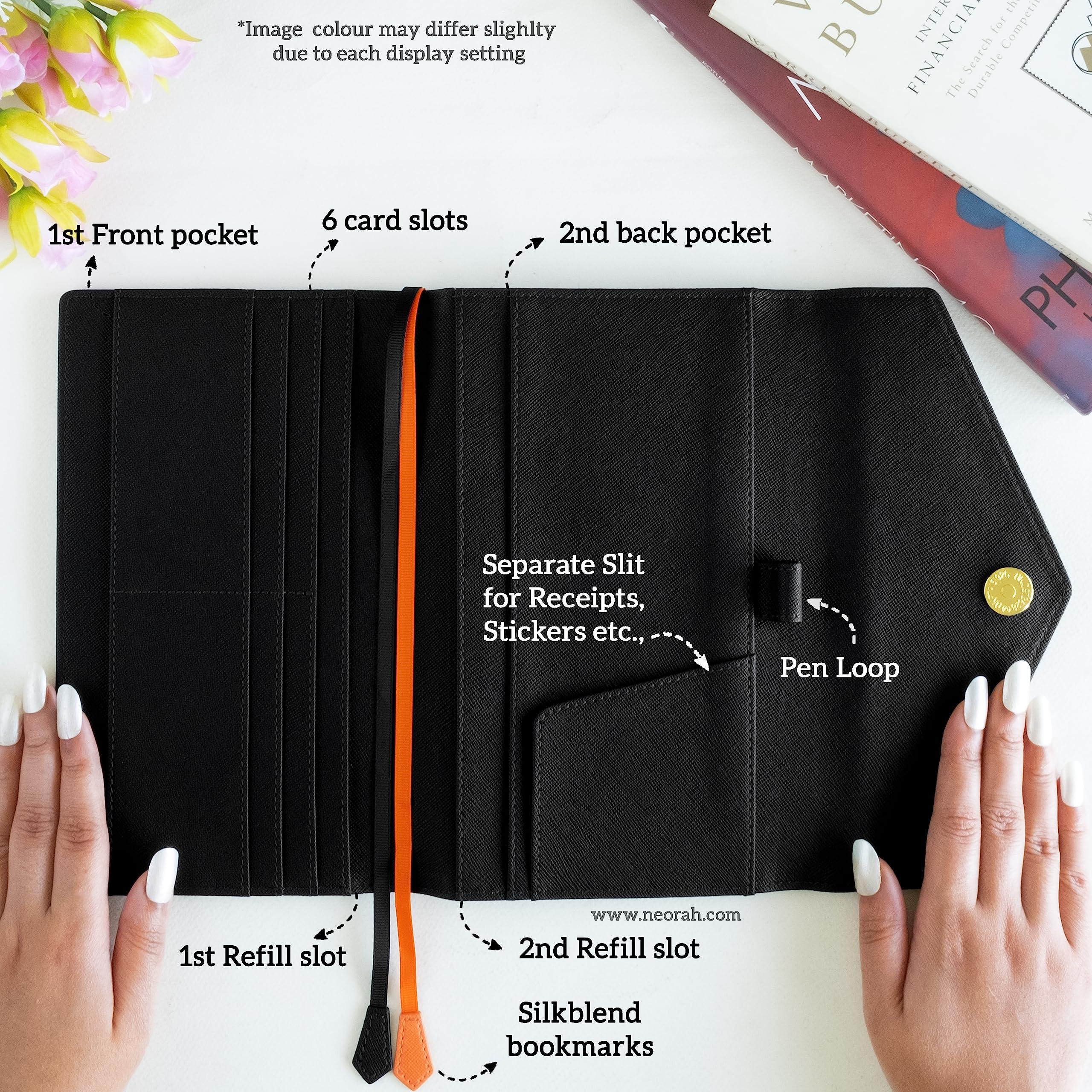 NEORAH PETITE Notebook SLEEVE with Envelope Flap Closure + Dotgrid JOURNAL | Faux Leather Sleeve + Penloop | Bookmarks | Front & Back pocket | 6 Card Slots - BLACK - Image 3