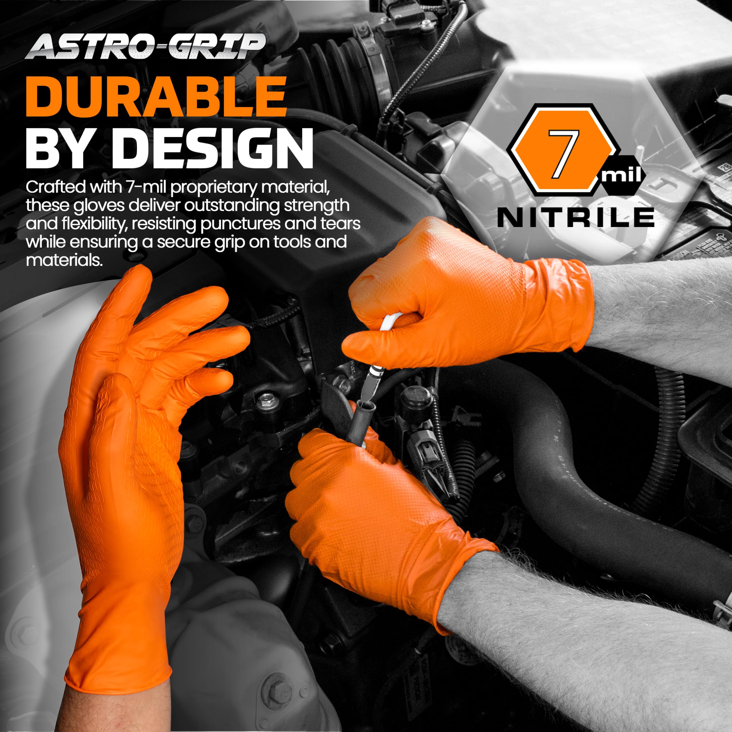 Astro-Grip Powder-Free Exam Grade Nitrile Disposable Gloves. Size X-Large, Orange, 7 mil Thickness. Chemical and Puncture Resistant. Single-Use. Pack of 100. (66474)