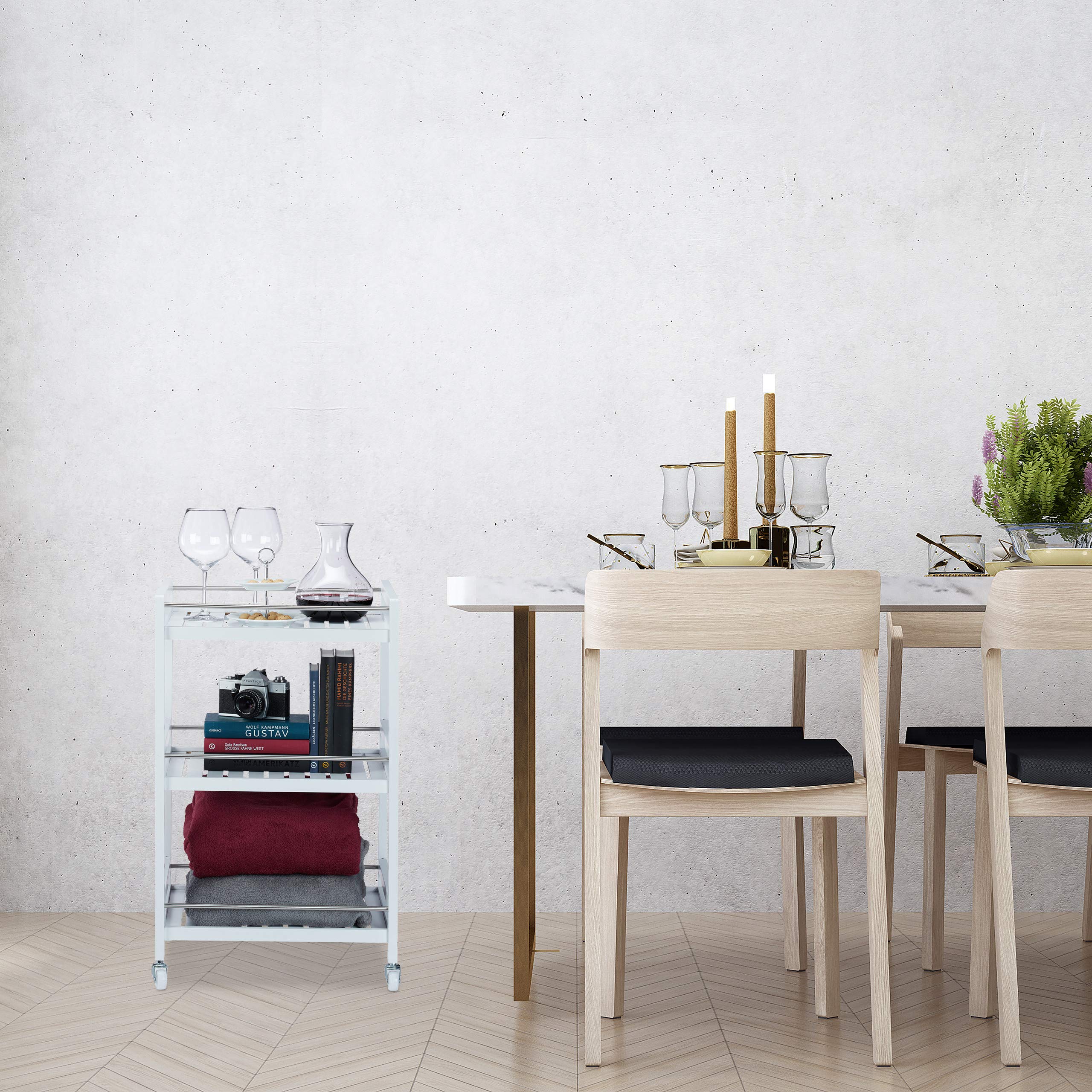 Relaxdays, blanc Desserte de Cuisine Bambou, 3 étages, chariot de service, Roulette 360°, HxlxP 76,5 x 46 x 38 cm, inox, plastique