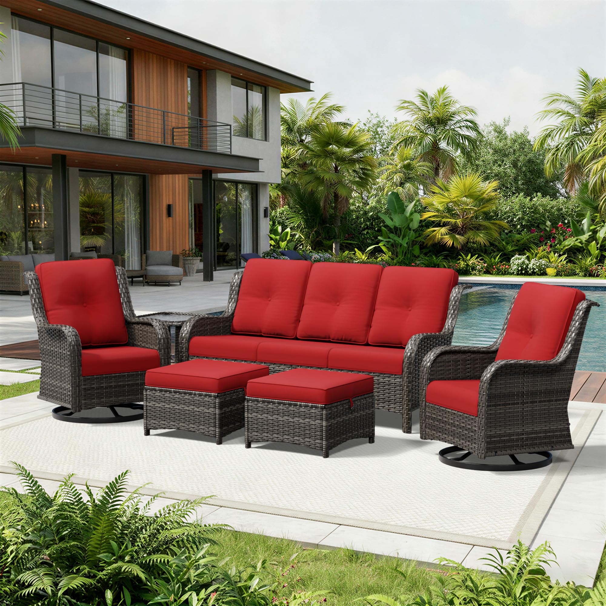 Joyside 6 Piece Wicker Patio Furniture Set, Outdoor Swivel Rocker Patio Chairs with High Back, Deep Seating, Wide Armrest, Thickened Cushions, Outdoor Furniture for Deck, Porch Use