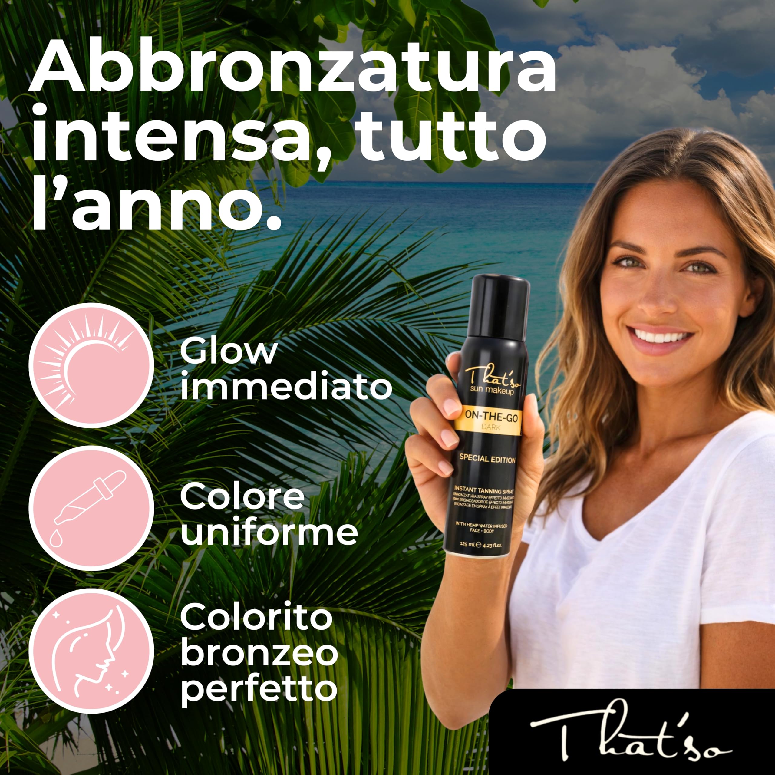 That'So On The Go Dark Spray Autoabbronzante Viso e Corpo 125ml Abbronzatura Istantanea Naturale Bronzea Pigmento Naturale Bronzo Dorato Formula Anti-Aging e Aloe Vera Migliora Elasticità della Pelle