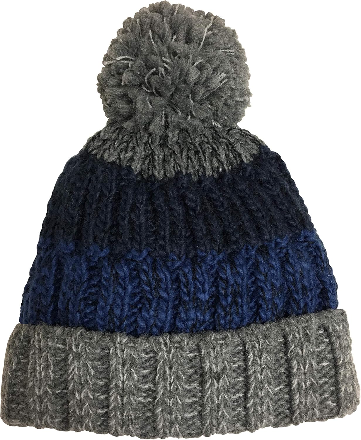 Broner Color Blocked Stripe Chunky Rib Knit Cuff Cap with Pom Top