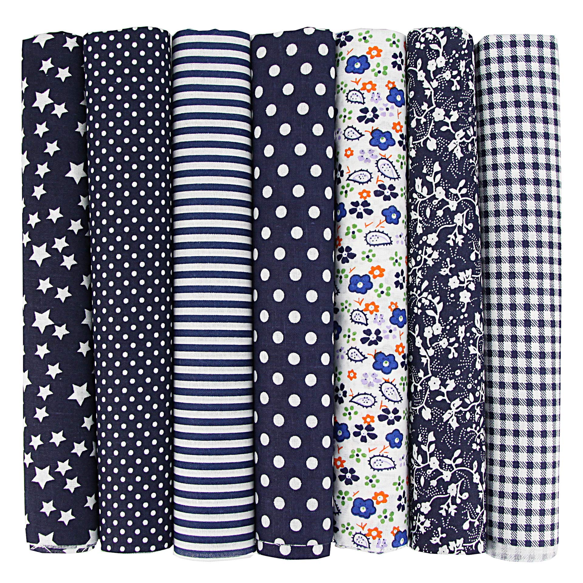 Camelliass Dark Blue 7Pcs Floral Cotton Fabric Squares 50Cm X 50Cm, Patchwork Quilting Squares Bundles, Fat Quarters For Diy Sewing Scrapbooking (Dark Blue)