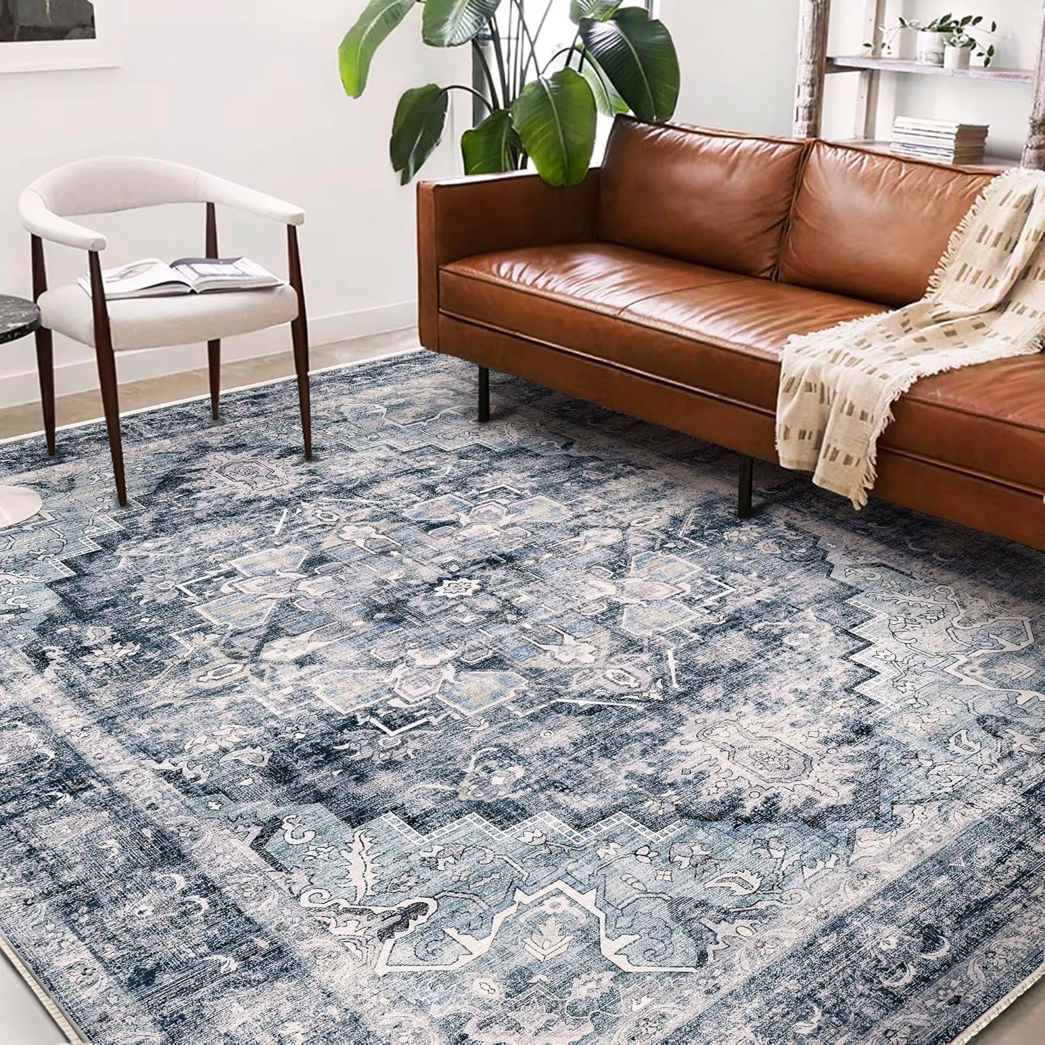 Area Rug 6'x9' Dark Blue Washable Vintage Traditional Floor Cover Thin Retro Kitchen Indoor Distressed Non Slip Carpet for Living Room Bedroom Dining Room - Image 2