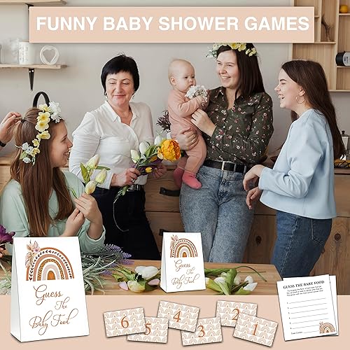 Miniatura 4 de Guess the Baby Food Party Games, juego bohemio de baby shower con arco iris (1 letrero de pie + 20 tarjetas de respuesta + 6 tarjetas de números),