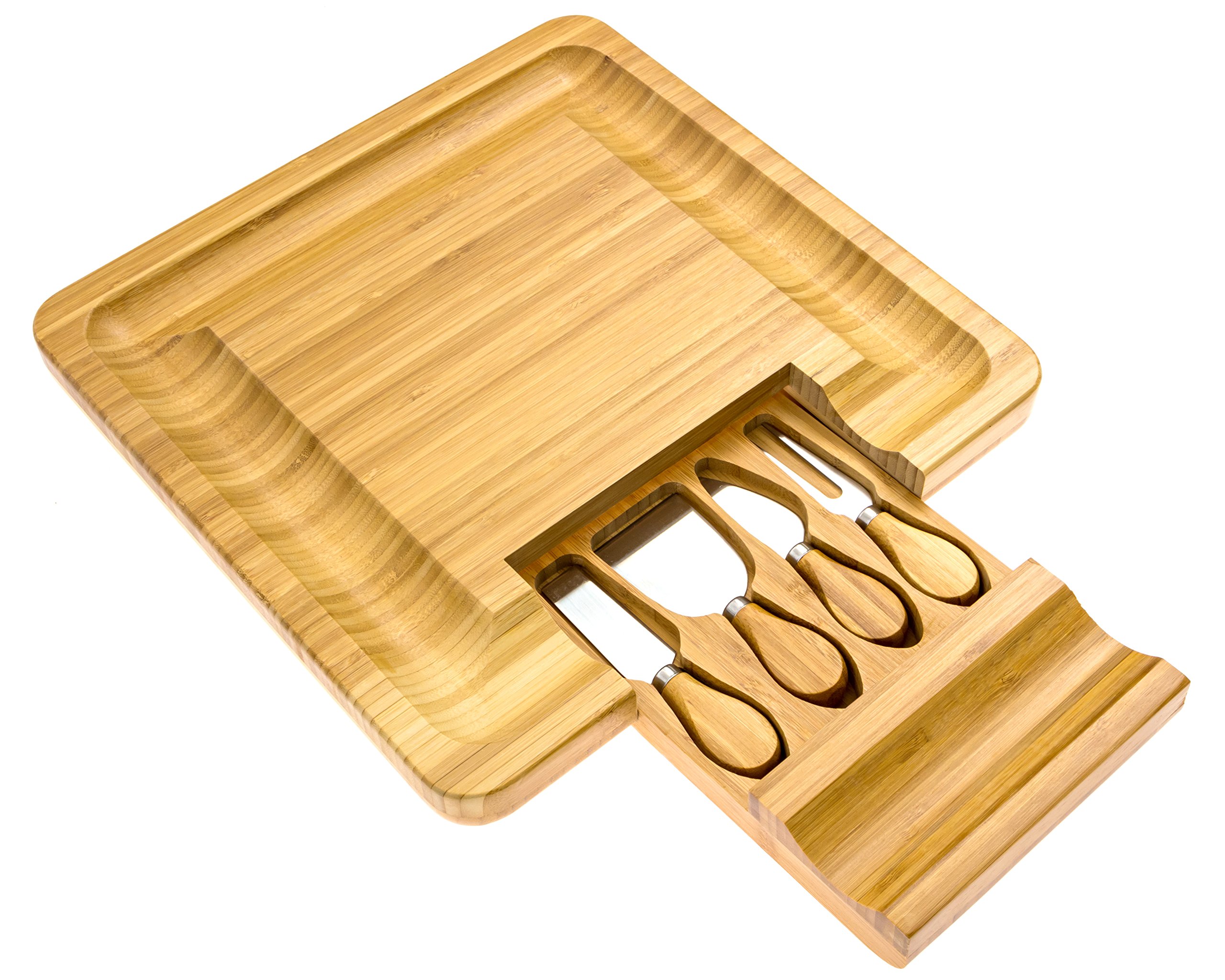 Elegent Cheese Cutting Board Square, 4-Piece Cheese Board, Cutting Board & Cutlery Set with Slide-Out Drawer Inc. Cheddar, Stilton, Hard Cheese Knive and Cheese Fork Set by Intriom Bamboo Collection