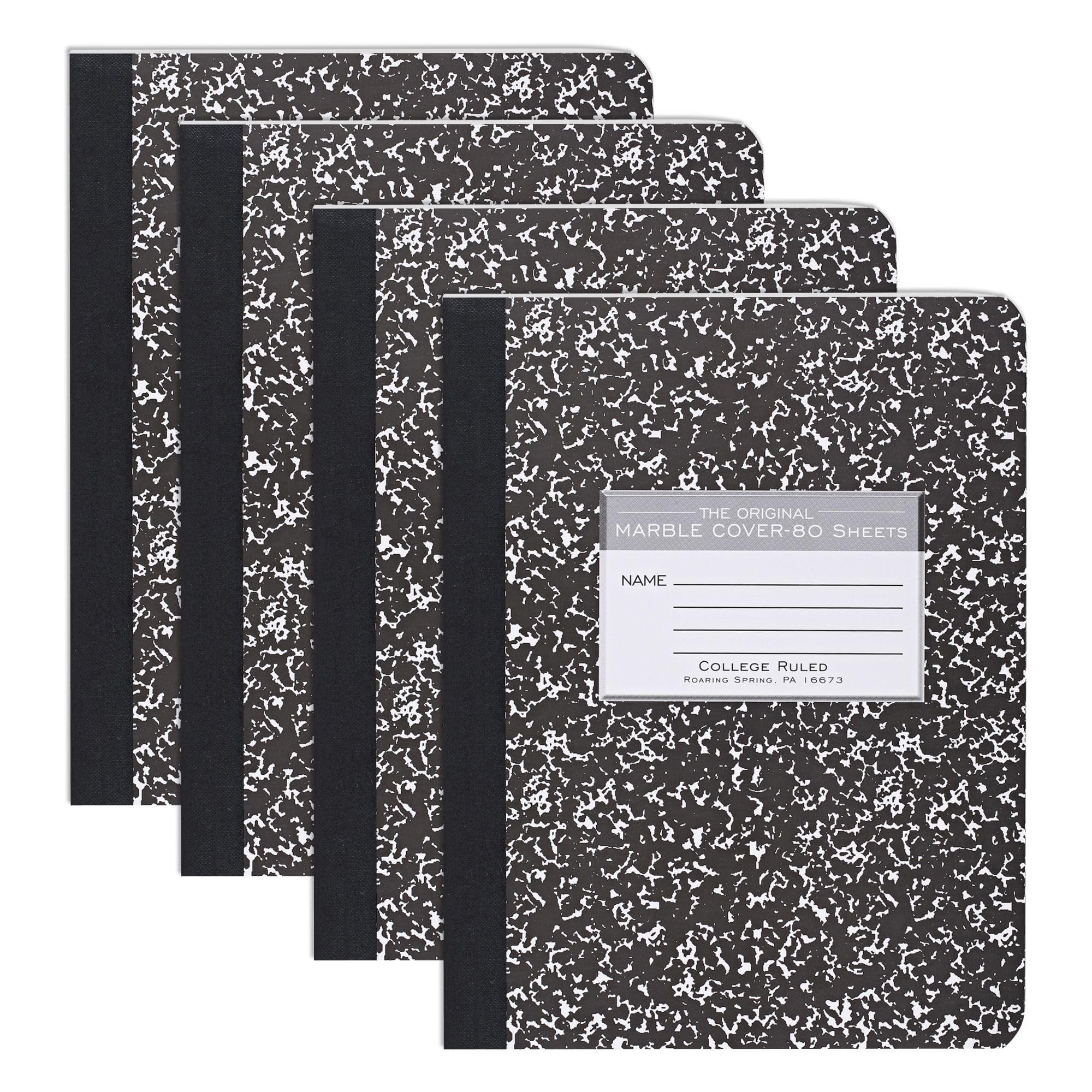 Roaring Spring Composition Notebooks, 4-Pack, College Ruled, 80 Sheets, 15# White Paper, 9.75"x7.75", Proudly Made in USA, Hard Board Black Marble Covers