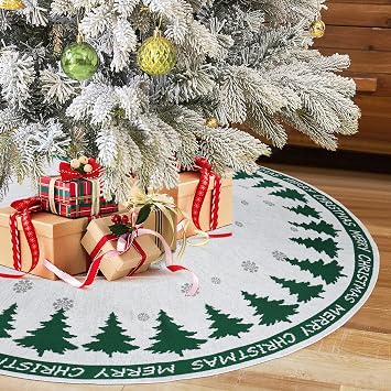 Weldomcor Green Knitted Christmas Tree Skirt 36 Inches, Rustic Vintage Knit Xmas Tree Mat with Snowflake Large Under Tree Rug Decoration for New Year Winter Holiday Party Indoor Farmhouse Home Decor