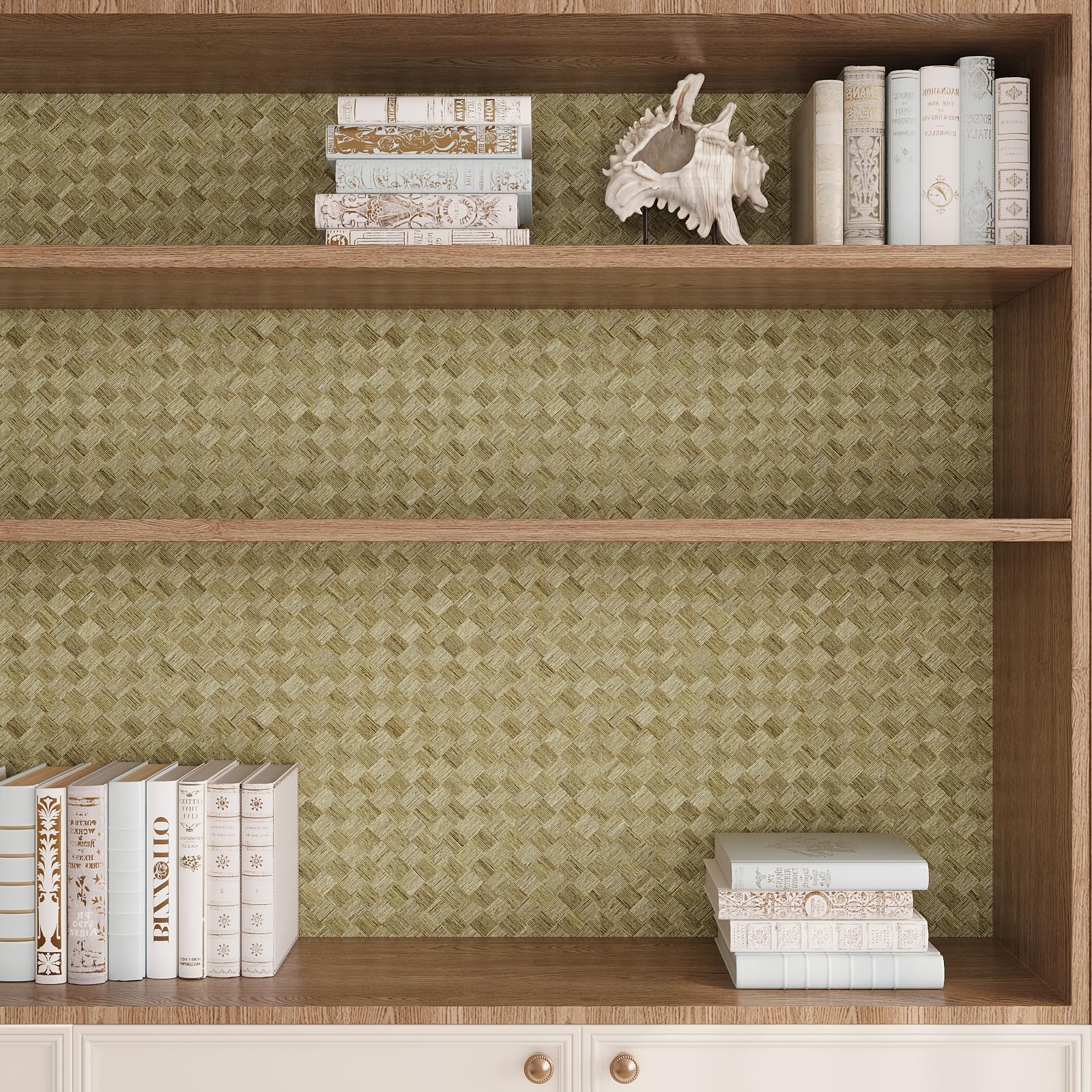 VaryPaper Tan Brown Faux Grasscloth Peel and Stick Wallpaper 40cmx200cm Faux Rattan Weave Look Contact Paper Sticky Back Plastic Textured Wallpaper for Living Room Bathroom Cupboard Vinyl Wrap Shleves - Image 4
