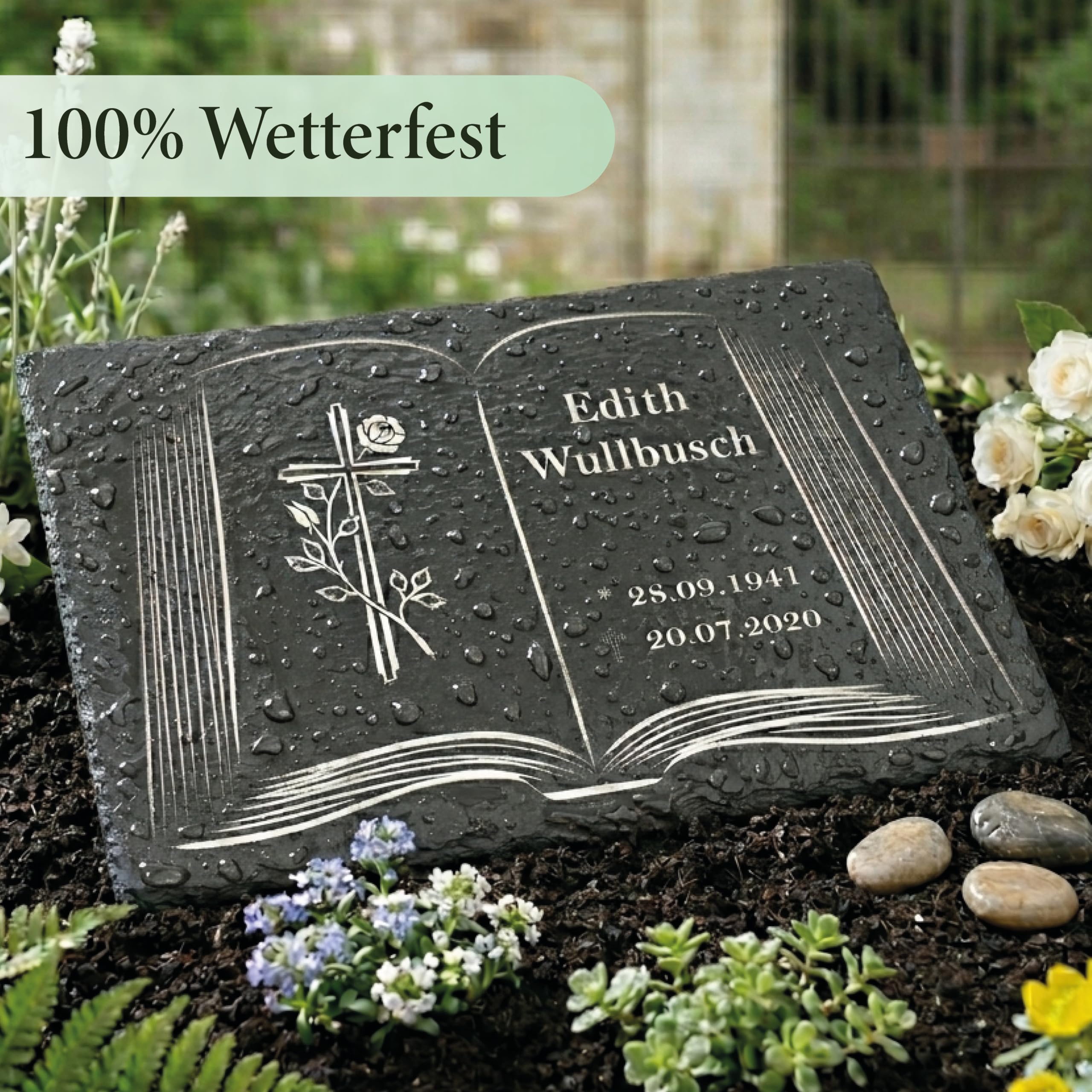Urnengrabstein Buchmotiv mit Kreuz, Grabstein, Gedenkstein mit personalisierter Lasergravur, Naturschieferstein, 30 x 20cm 100% witterungsbeständig