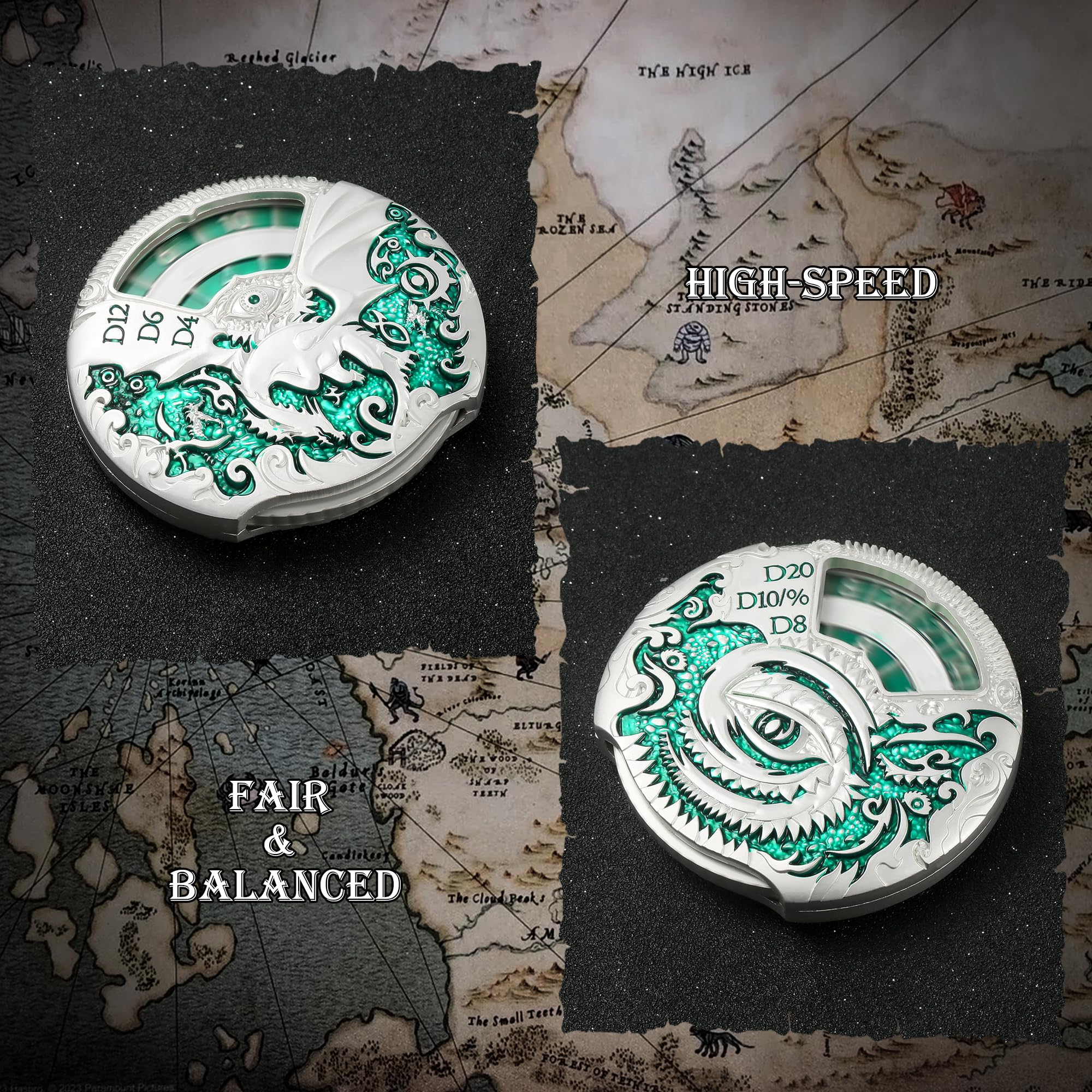 DNDND Jeu de dés DND en métal 7 en 1 avec superbe coffret cadeau pour donjons, dragon et jeu de table (argenté et vert)