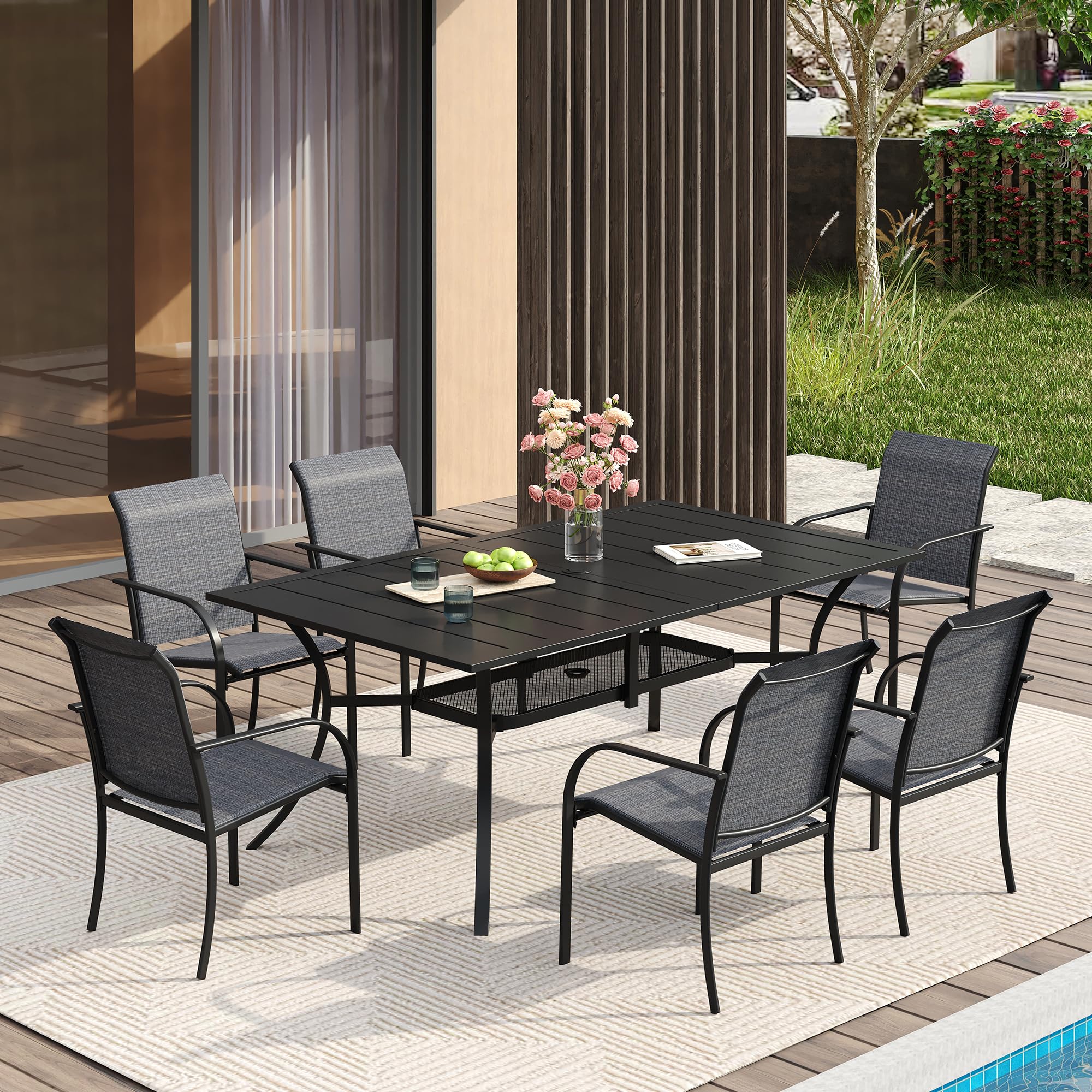 VICLLAX 7 Pieces Patio Dining Set for 6, Outdoor Furniture Set Includes 59" Rectangle Outdoor Table and 6 Stackable Patio Sling Chairs, Black Tabletop and Grey Fabric