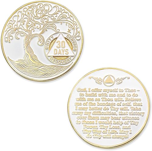 Miniatura 3 de 30 días1 mes Sobriety Mint Twisted Tree of Life - Medallón de recuperación AANA chapado en oro, chipficha - Blanco