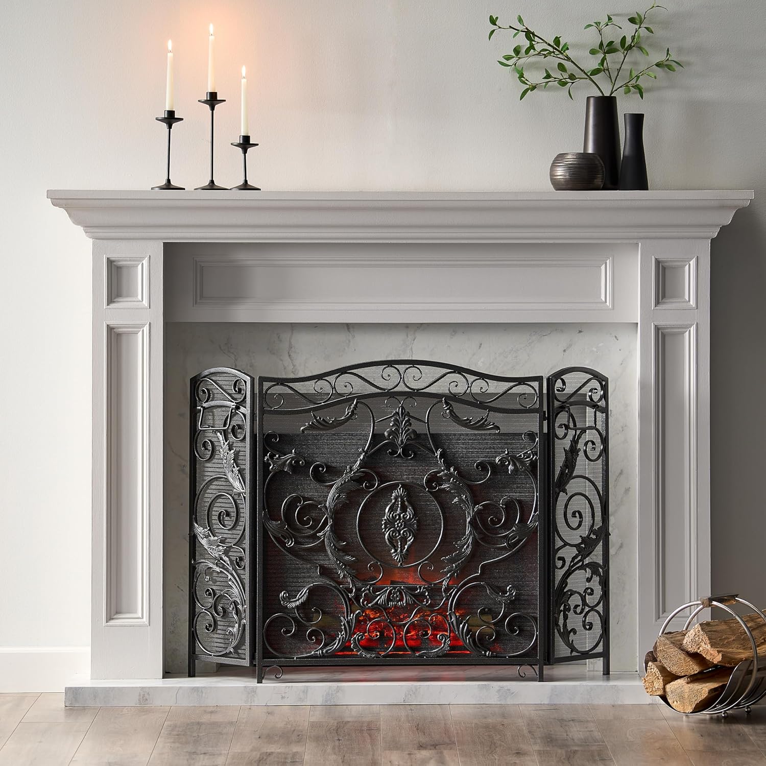 ESPIDOO Fireplace Screen Traditional Iron Folding: Wrought Iron Fire Screen with Ornate Floral Design - Three Panel Fireplace Guard for Historical Building Restoration & Antique Home Protection