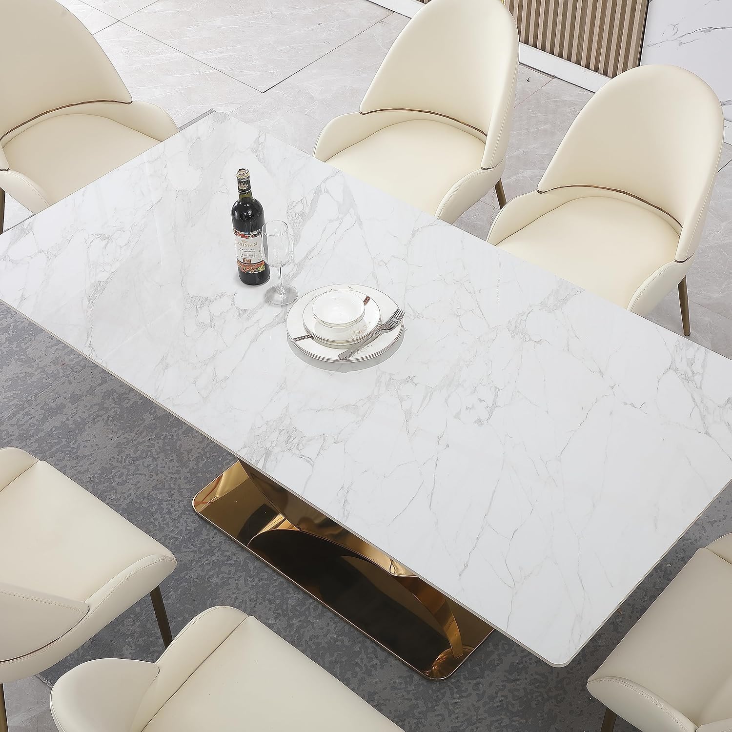 71 Inch Stone DiningTable with Carrara White Color and Round Special Shape Carbon Steel Pedestal Base with 6PCS Chairs XX52