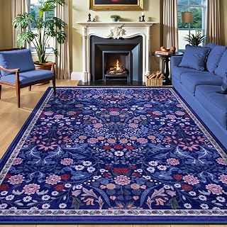 PLHXFR 8x10 Area Rug Living Room: Floral Washable Boho Soft Carpet Blue