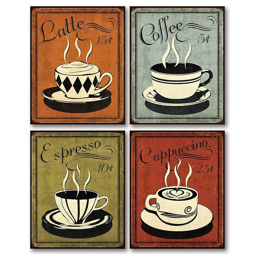 アンティーク　ポスター　Tea Coffee Amazon.com: Classic and Colorful Retro Coffee Prints; Set of