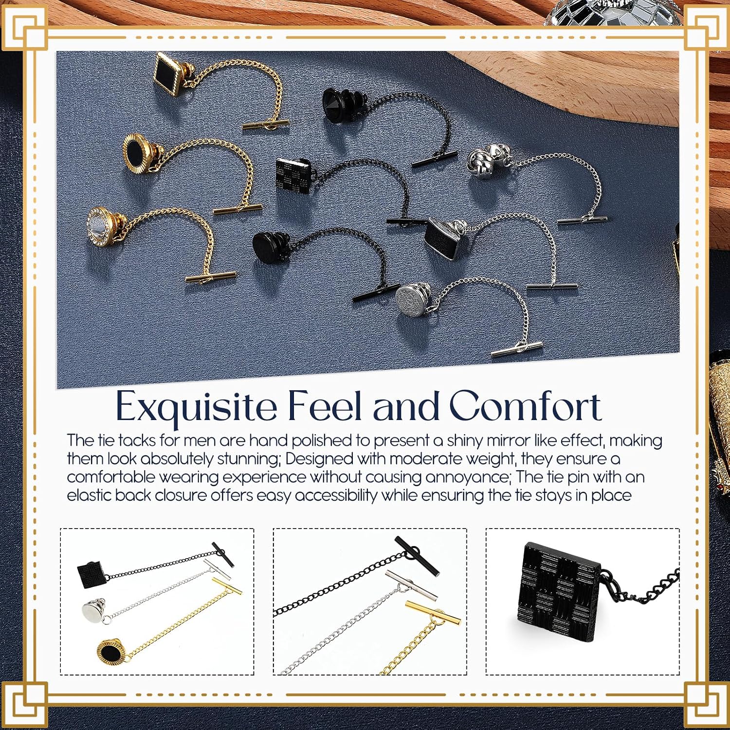 Misdary 9 Pcs Tie Tacks for Men Tie Pin with Chain Black Silver Gold Tack Clutch for Wedding Birthday Business Anniversary