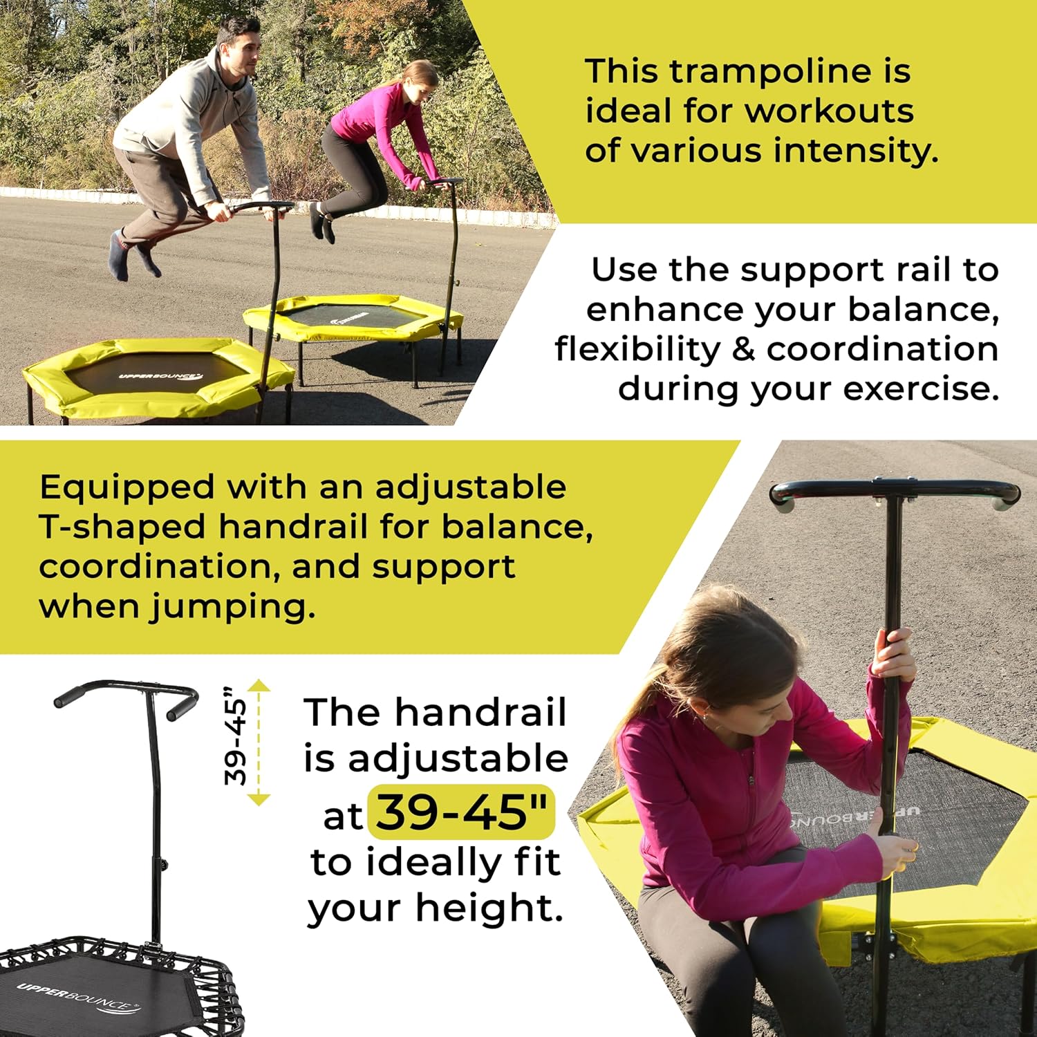 Upper bounce mini Workout Trampoline Adjustable tshaped handrail – Hexagonal rebounder Kids & Adults – Fitness Trampoline Equipment Supports up 220lbs. (Yellow, 50 Inches)