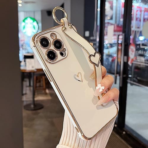ZTOFERA Funda diseñada para iPhone 14 Pro Max de 67 pulgadas con pulsera borde chapado con patrón de corazones de amor correa de mano soporte para