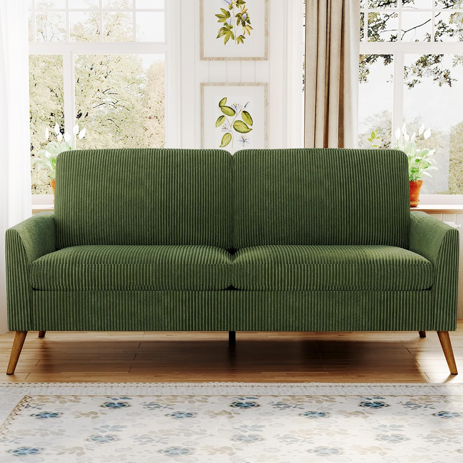68" Loveseat Sofa, Comfy Green Corduroy Couches for Living Room, Mid Century Modern Love Seat Sofa, Tool-Free Setup Small Couches for Bedroom Office