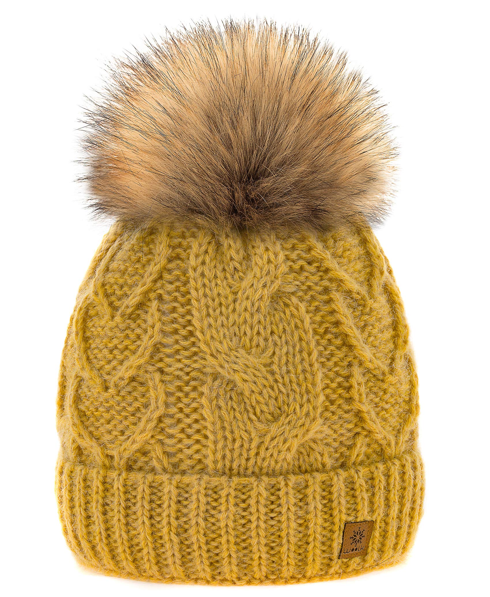 MFAZ Morefaz Ltd Women Winter Hat Mohair Wool Beanie Hat Worm Knitted Hats Fleece Pom Pom (INES Mustard)