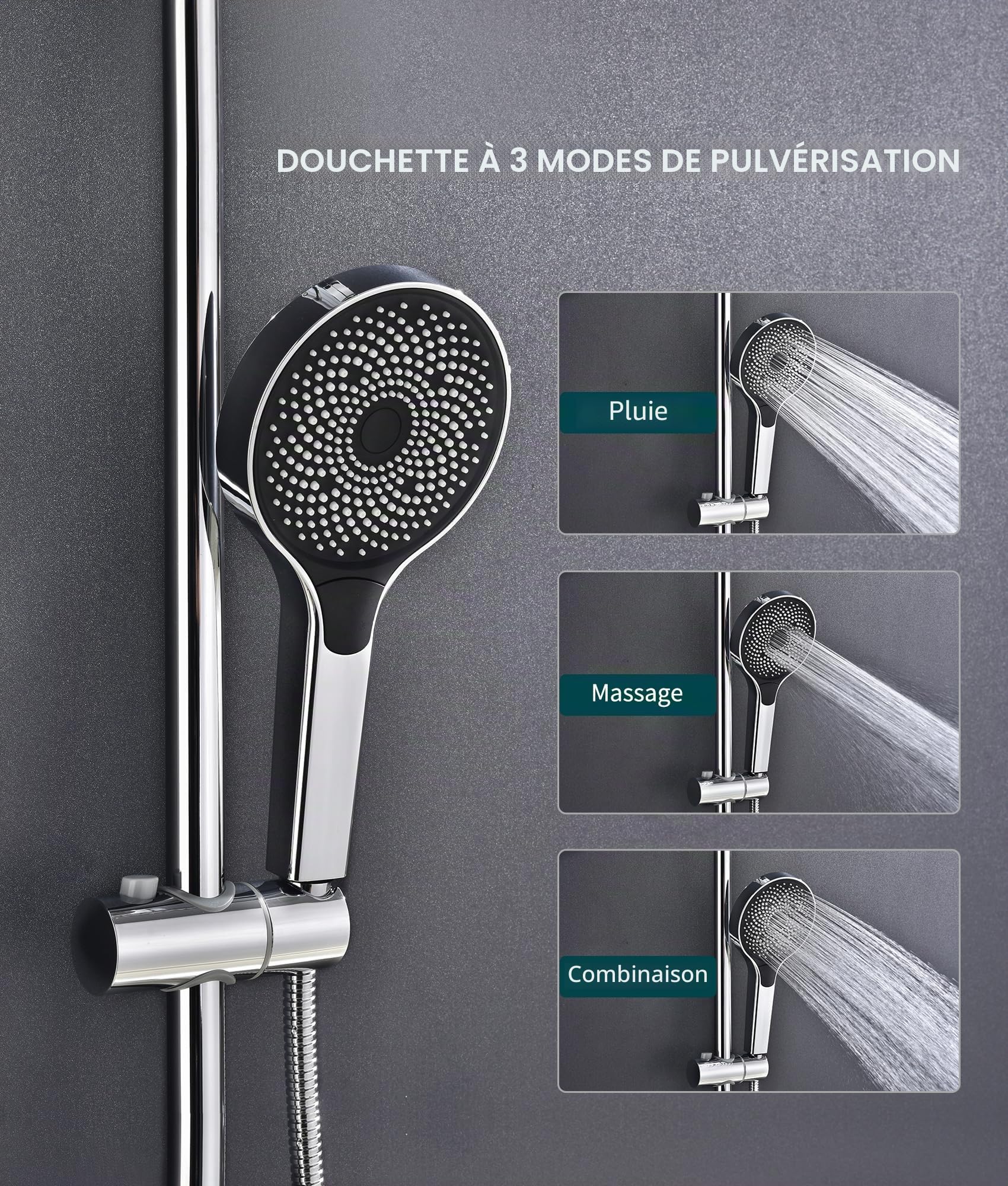 Colonne de Douche Thermostatique Avec Pomme de Douche à Effet Pluie Pivotante à 360° Et Mitigeur,Douchette à Main à Trois Positions,Colonne de Douche RéGlable (Chrome)