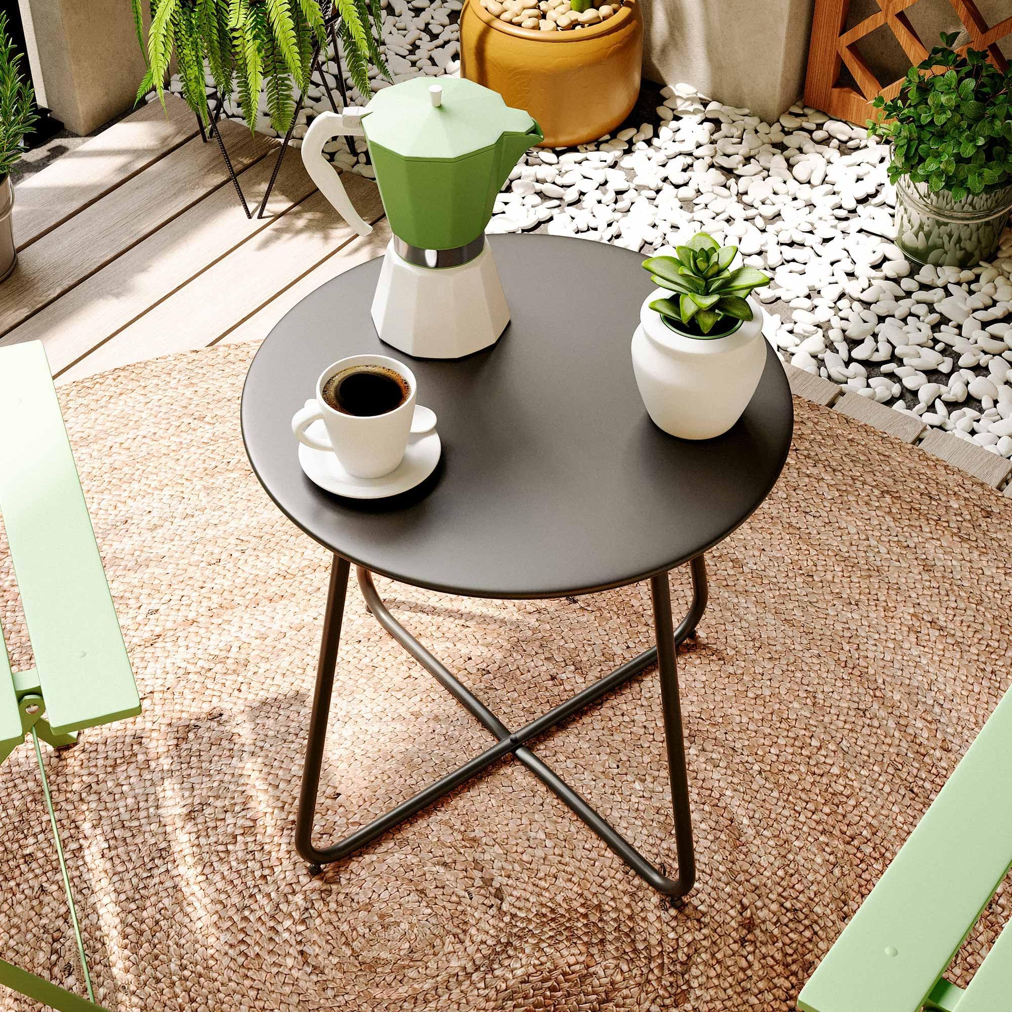 Table d'appoint d'extérieur de 46 cm - Petite table ronde avec pieds réglables - Table basse en acier revêtu par pulvérisation pour terrasse, balcon, véranda et jardin - Noir