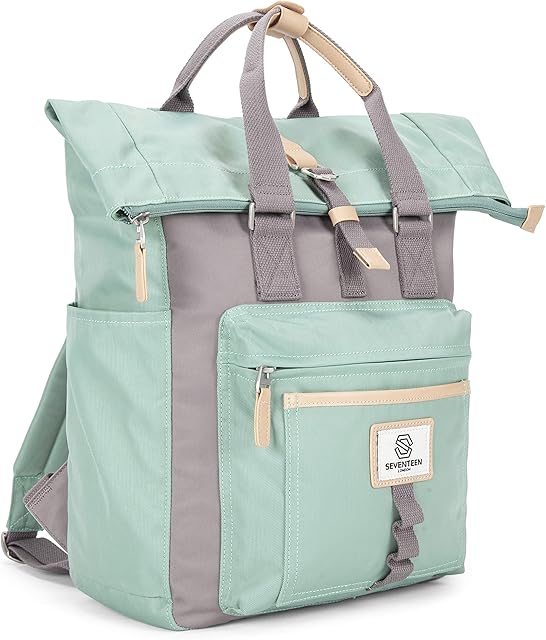 SEVENTEEN LONDON  Modern Cycling Pastel Green & Grey 'Canary Wharf' Fold Roll Top Backpack in a Classic Slim Urban Design  Fits Laptops up to 15"