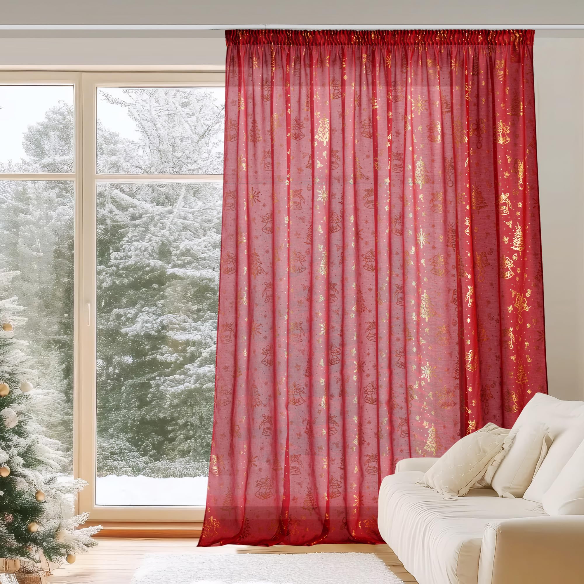 PONY DANCE Cortinas Navideñas Cortinas con Ganchos Salon 280x245cm Cortina Ventana para Riel Visillos Dormitorio Cortinas y Visillos Cortinas Transparentes con Aspecto de Lino, 1 Pieza, Rojo