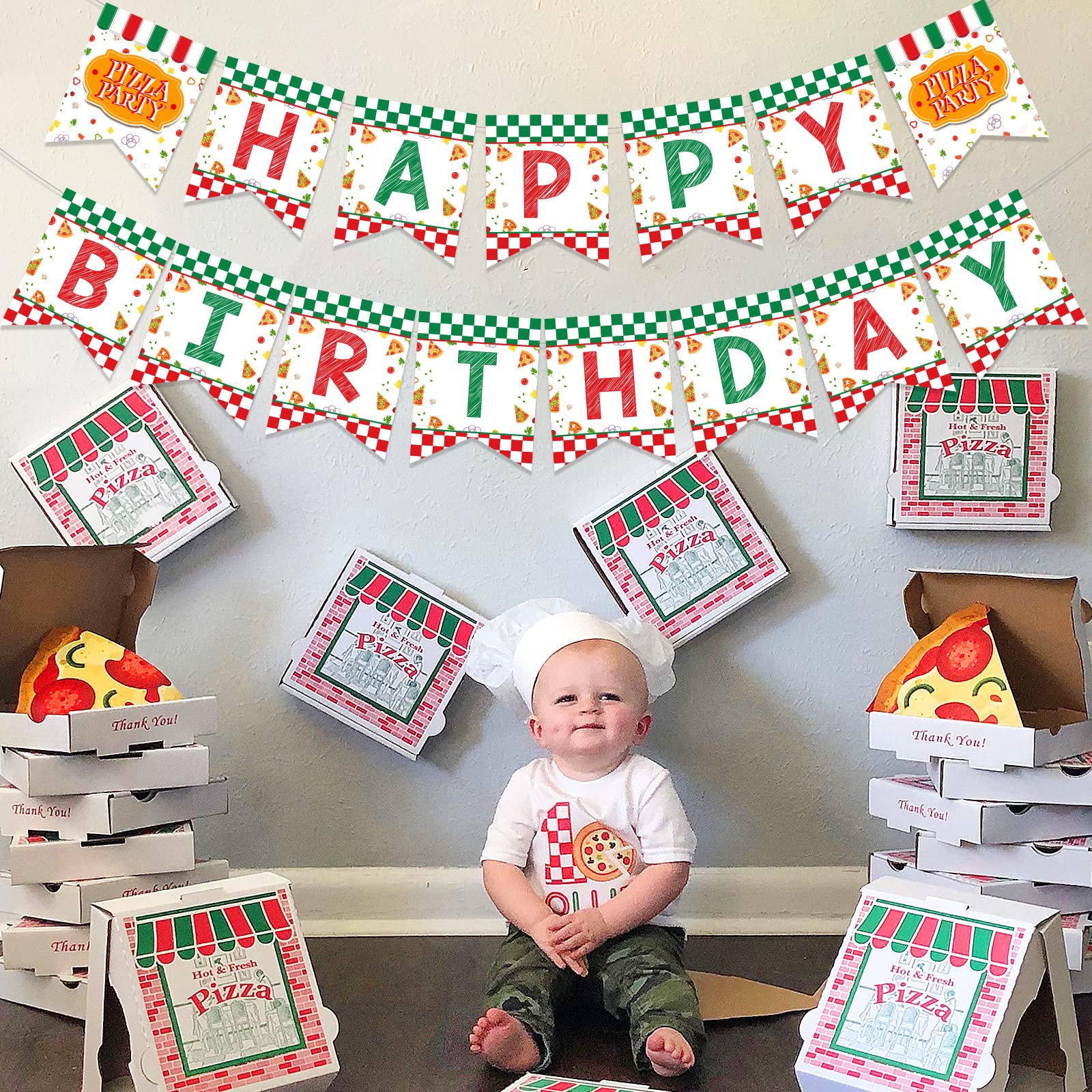 Striscione Buon Compleanno A Tema Pizza - Decorazione Festa Pizza Time Rossa E Verde - Banner Con Fette Di Pizza Per Bambini E Adulti