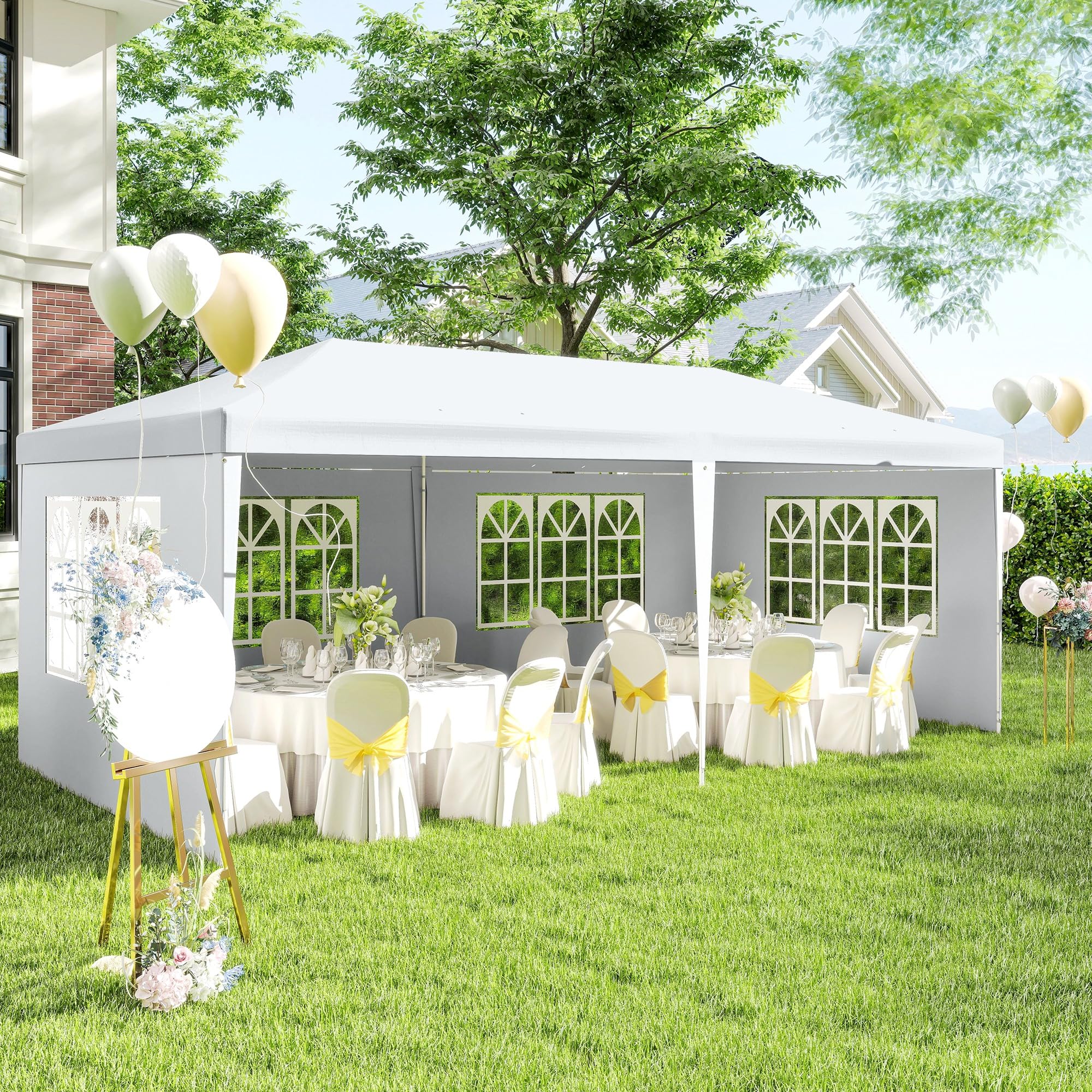 Outsunny Gazebo da Giardino per Eventi con Pareti Laterali Rimovibili, 4 Finestre e 12 Fori di Scarico, Gazebo da Esterno in Acciaio e Polietilene per Matrimoni, Feste, Giardino, Bianco
