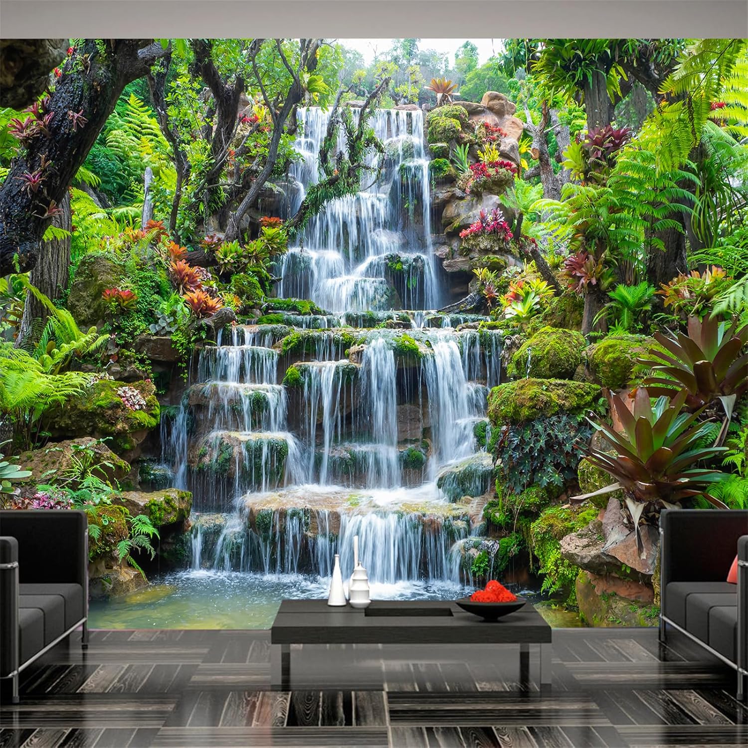 FLFK Mountain Spring Small Waterfall Self-Adhesive Wall Mural 141.7"x98.4"- Natural Landscape Wallpaper Peel and Stick Wall Stickers Large Poster Home Decor