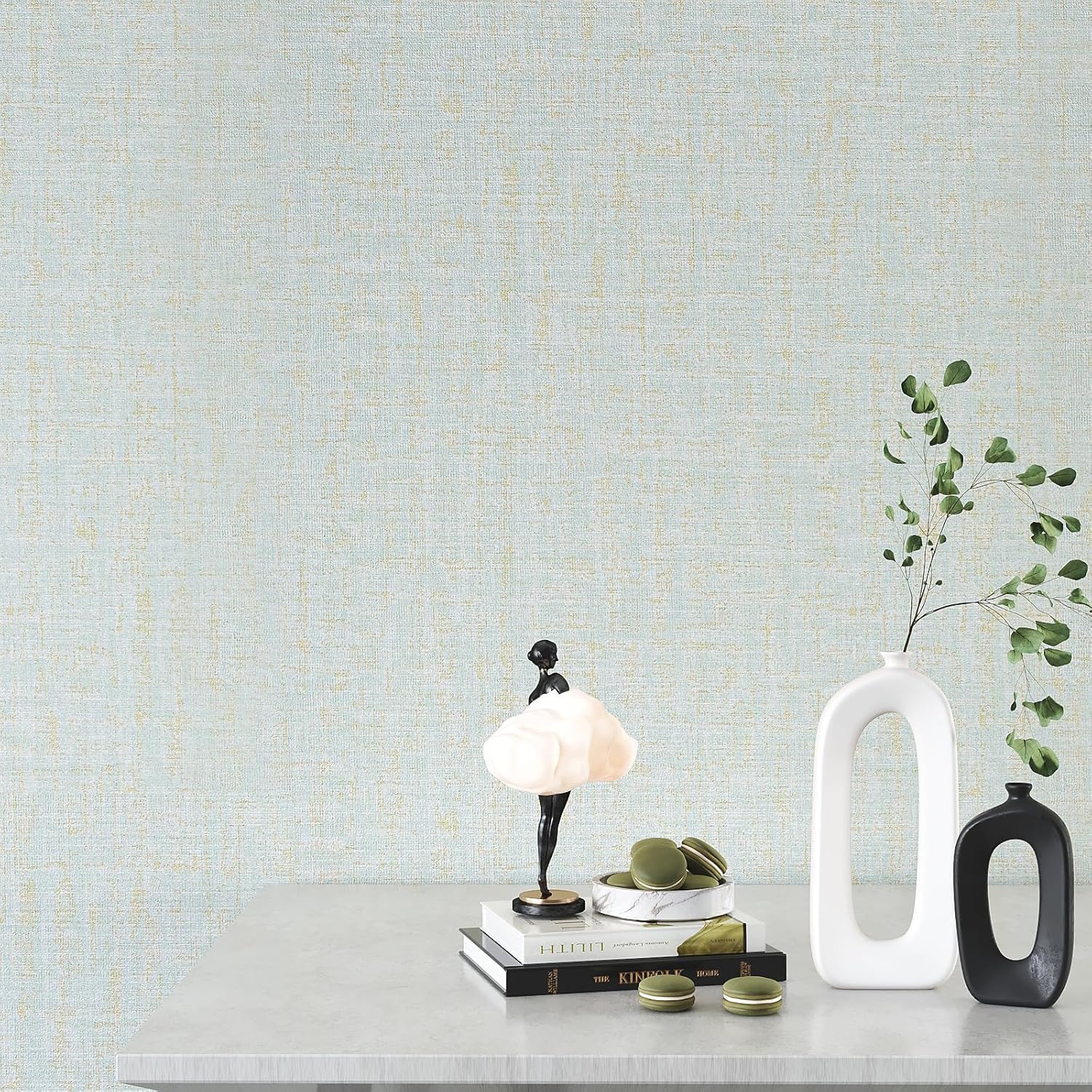 VEELIKE Blue Gold Grasscloth Peel and Stick Wallpaper 15.7''x118'' Self-Adhesive Removable Linen Fabric Wallpaper Grasscloth Contact Paper for Bathroom Bedroom