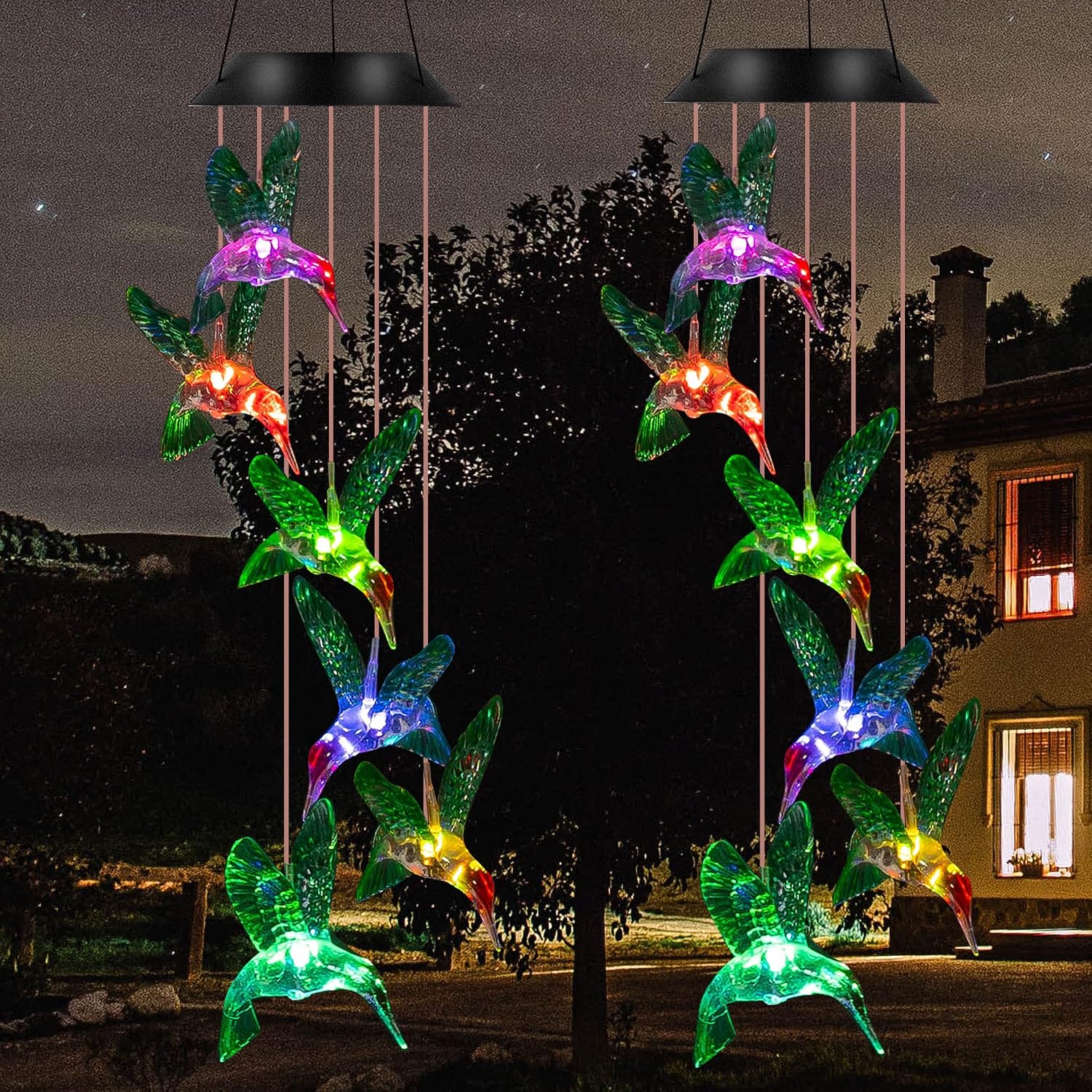 FUNPENY Solar Hummingbird Wind Chimes Outside, Solar Wind Chimes Changing Colors, Gifts for mom, Grandma, Birthday, Solar Mobile Decor for Outside, Outdoor, Yard, Patio, Garden Decorations (2 Pack)