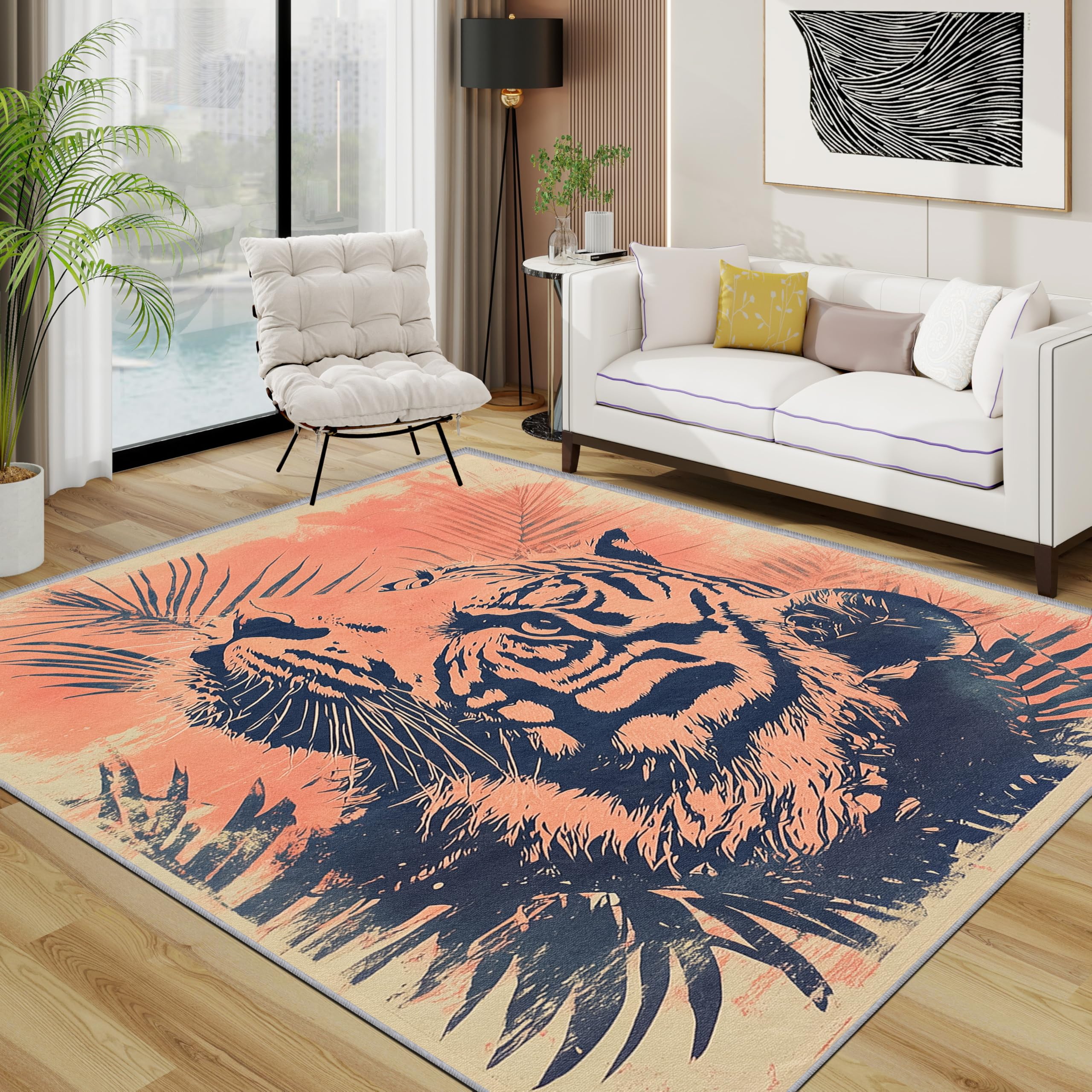 TerroVee Tiger Rug - Tropical Retro Wildlife Small Rugs for Bedroom 40x60, Jungle Animal Floor Mat Soft Washable Non Slip Indoor Mats, Tiger Home Decor